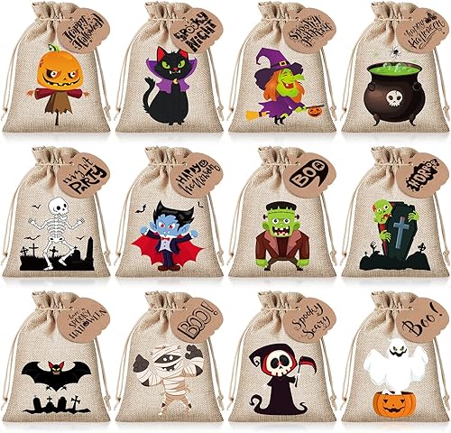 Miniatura 7 de Yerliker 24 bolsas de arpillera de Halloween con tarjetas de calabaza y cordón de 7 x 5 pulgadas, bolsa de yute de lino para dulces o trucos para