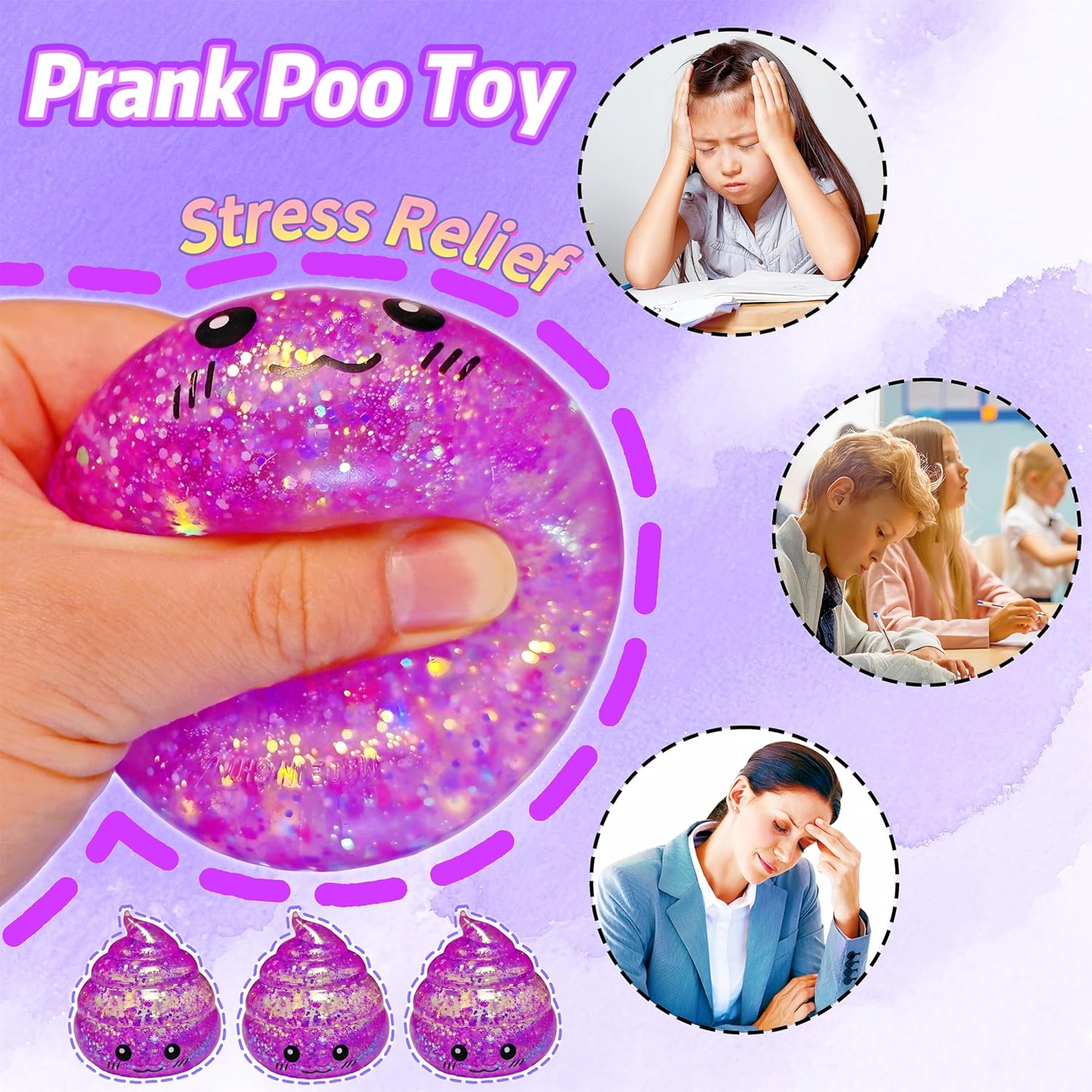 Novelty Squishy Poop Stress Ball Squishies Toys, Glitter Sensory Poop Stress Sugar Balls, Funny Stretch and Squeeze Fidget Toys for Kids and Adults, Fool's Day Prank Gift Party Favor (Purple)