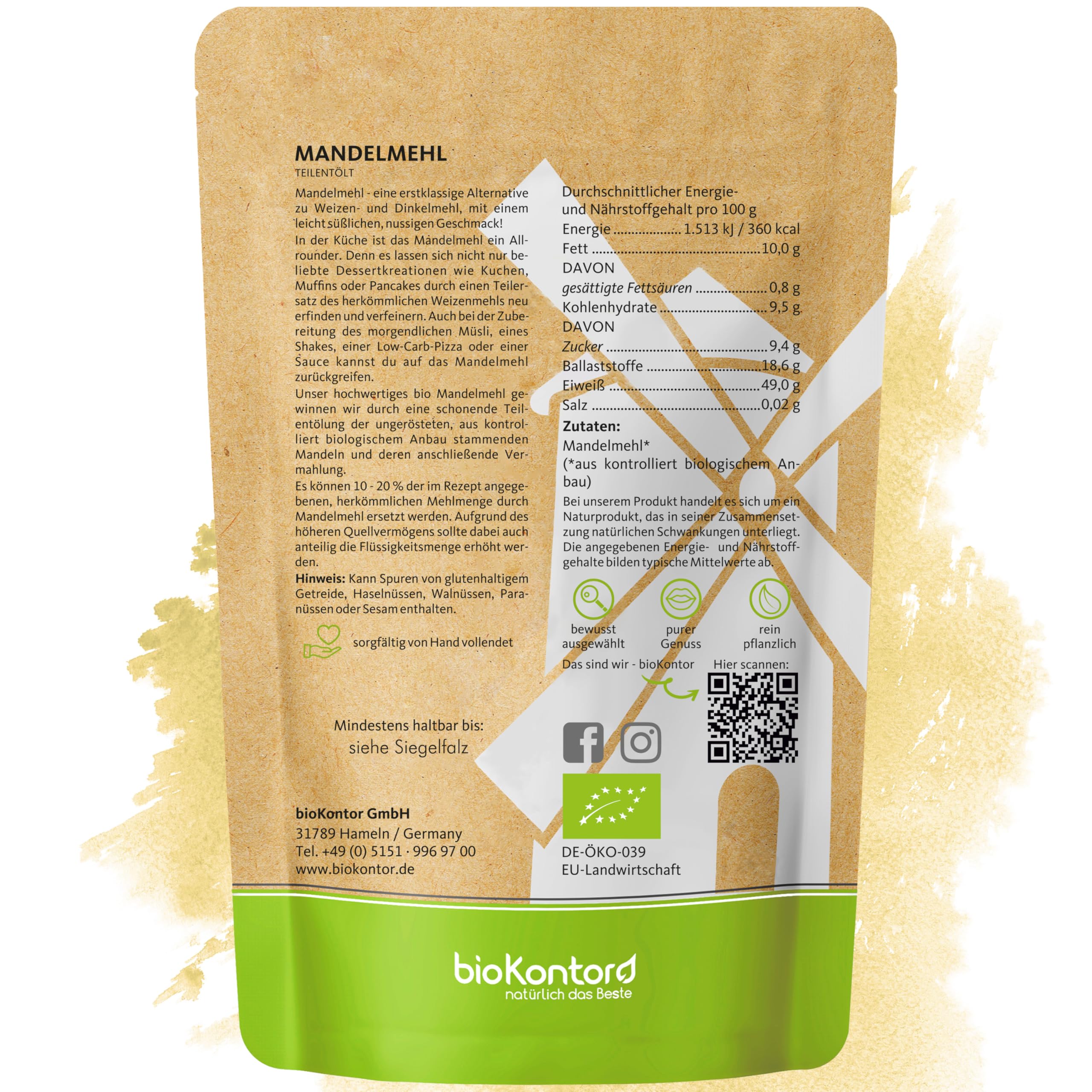 bioKontor – BIO Mandelmehl teilentölt 1000g – Mandelmehl zum Backen low carb – hoher Proteingehalt – deutsche Handabfüllung – proteinreiche Alternative zu Weizenmehl – entöltes Mehl aus Mandeln