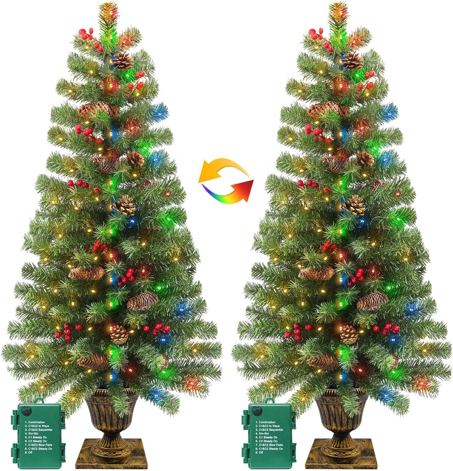 2 Pack 4 Ft Outdoor Potted Christmas Entrance Tree with Timer, 8 Mode 60 LED Dual Color Change Lights, Battery Operated, 140 Branches Tips 15 Pinecone 15 Berries Xmas Tree for Porch Front Door Decor