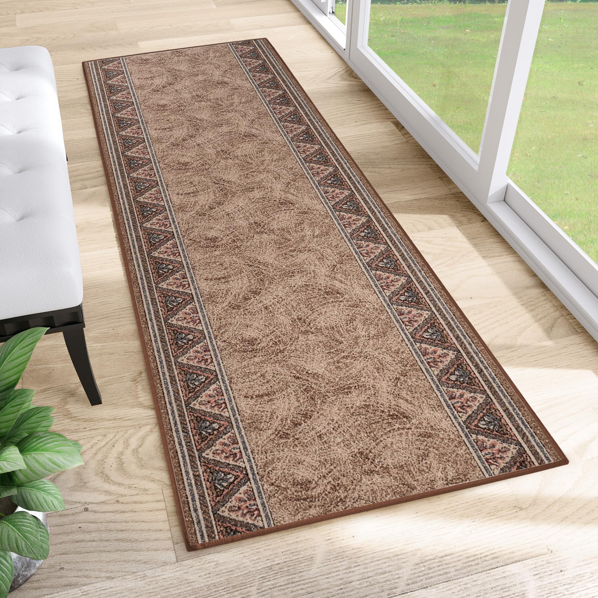 TAPISO Anti Rutsch Teppich Läufer rutschfest Brücke Meterware Oriental Floral Design Meliert Braun Beige Flur Küche Wohnzimmer 67 x 300 cm