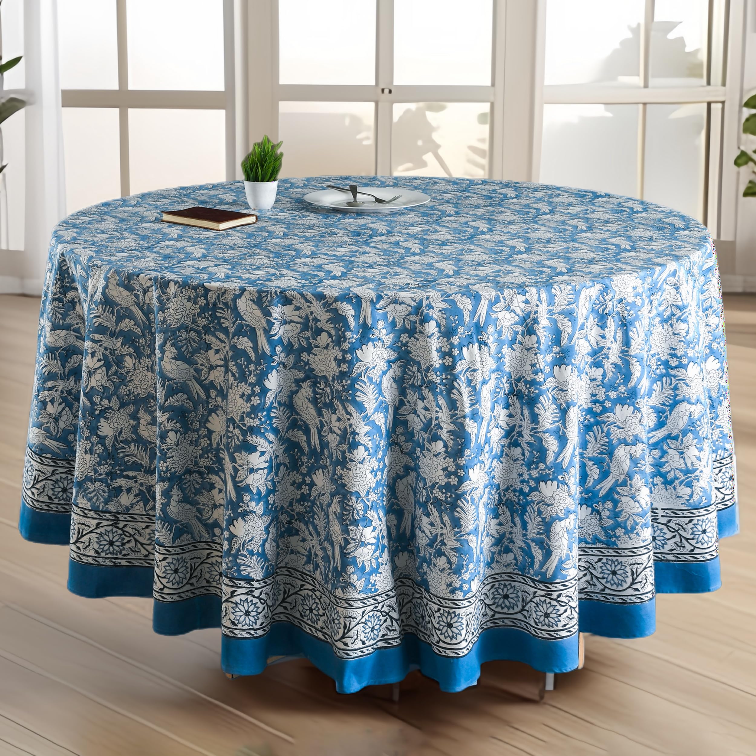 Round Indian Block Print Tablecloth - 100% Cotton, 110 Inch For 8 Seater (Red Garnet)