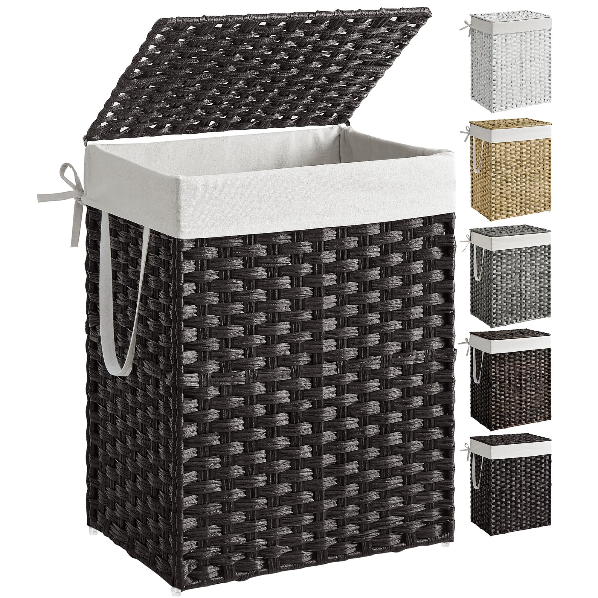 SONGMICS Handwoven Laundry Basket, Synthetic Rattan Clothes Hamper with Lid and Handles, Foldable, Removable Liner Bag, Black ULCB51BK