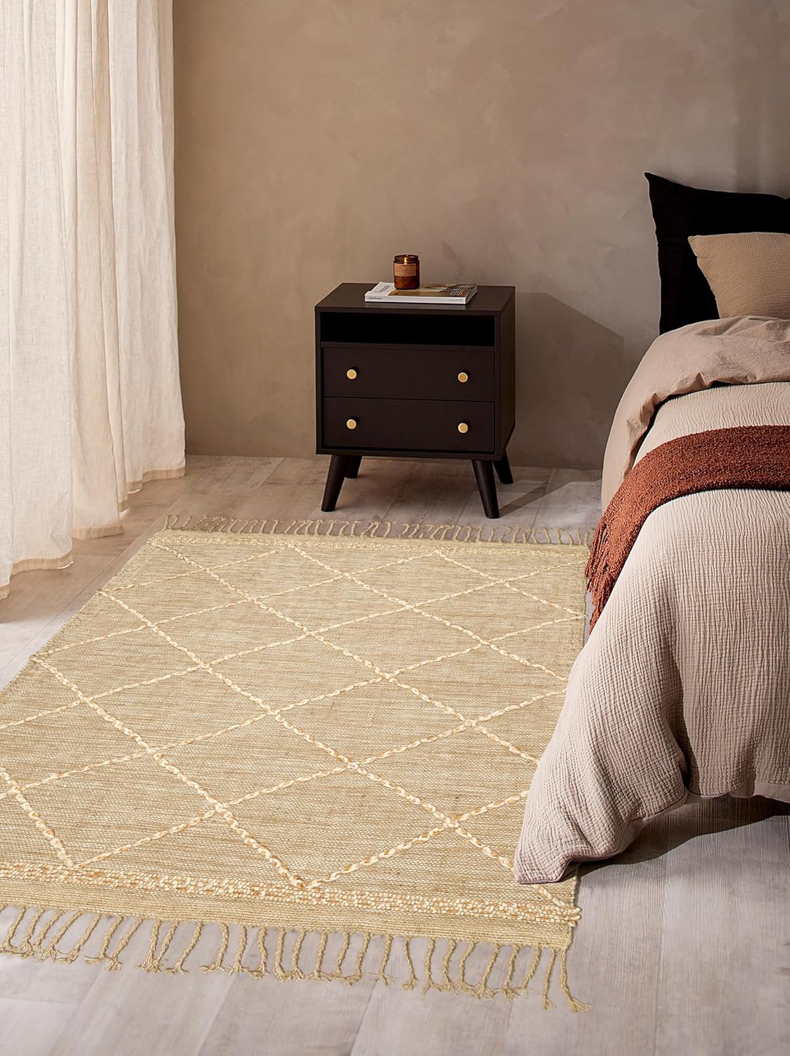Hausattire Jute Boho Area Rug 4'x6' - Natural Beige, Non Slip Large Diamond Checkered Carpet for Living Room, Kids Playroom, Bedroom Floor | Farmhouse Decorative Woven Rugs - 48x72 Inch