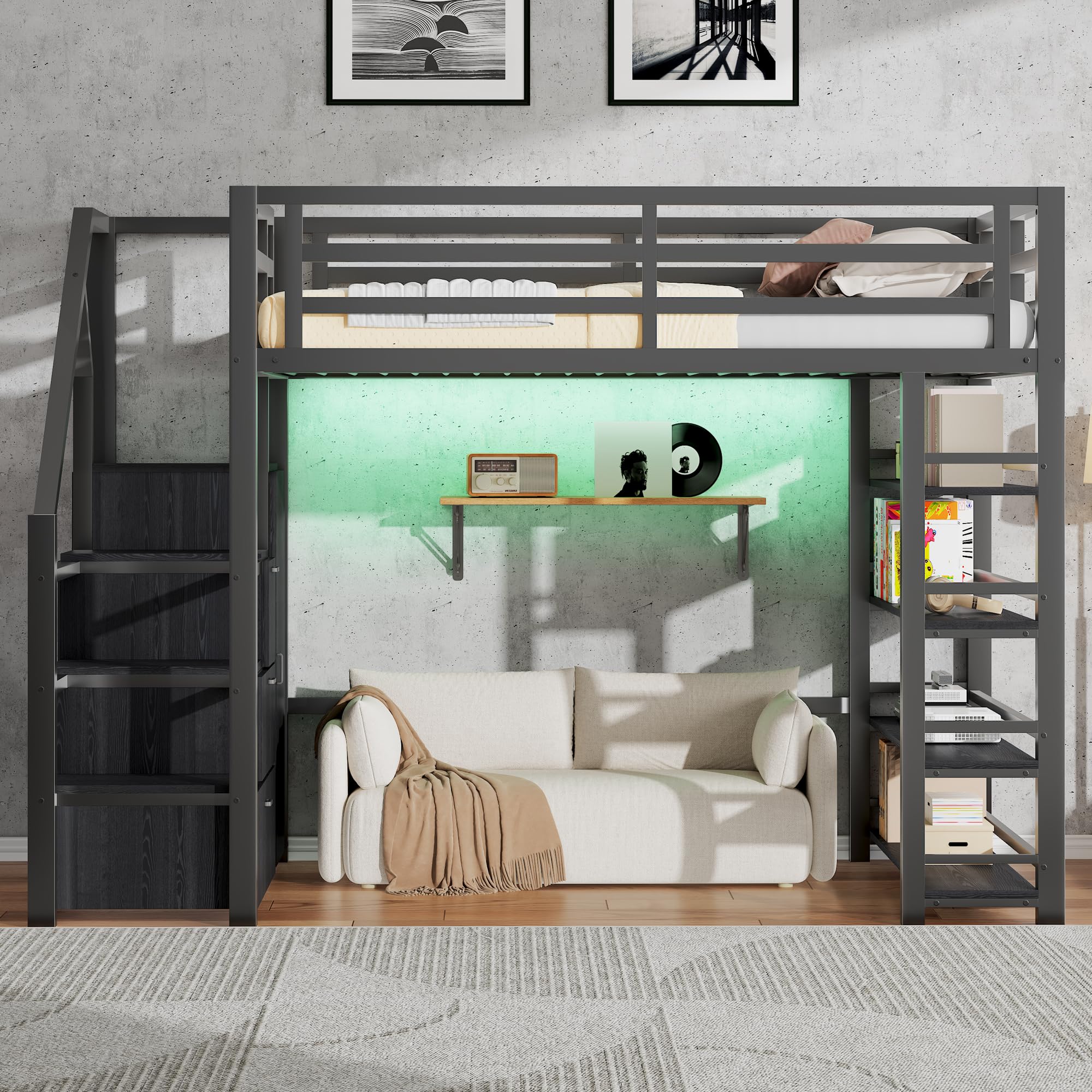BTM Jugendbett 140 x 200 cm Metall LED Hochbett mit Schreibtisch und Schrank, Kinder Hochbett mit Treppe, Schwarz
