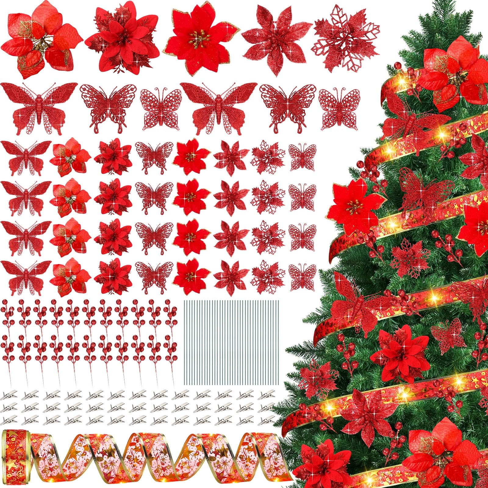XunYee 137 Stück 5 Stile Weihnachtssterne Glitzer Blumen 3 Stile Aushöhlen Schmetterling künstliche Beeren Kit mit Clips, Stielen und 10 m Band für Weihnachtsbaumschmuck, Heimdekoration (rot)
