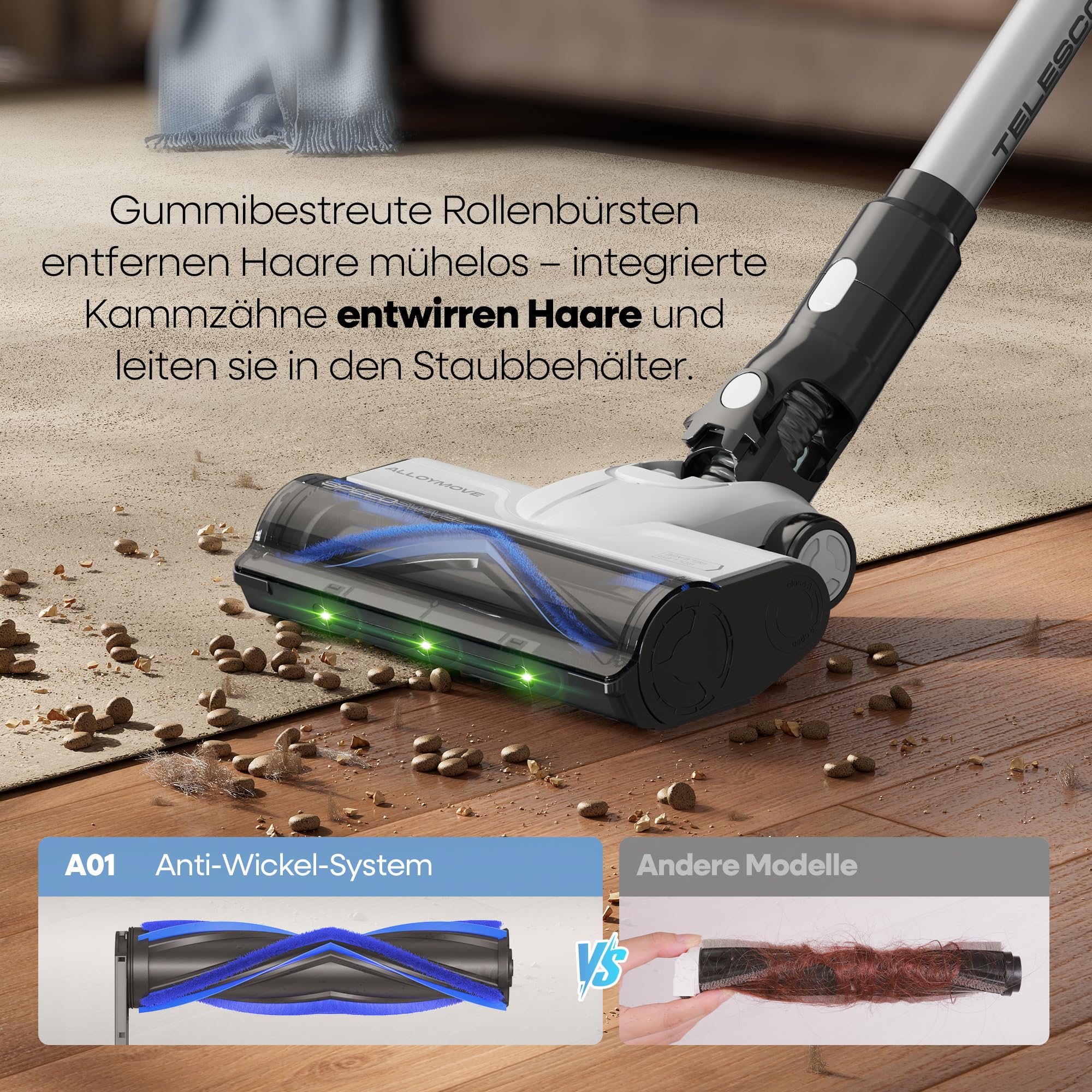 AlloyMove Akku Staubsauger 50000Pa/550W/70Min, 1.5L Staubsauger Kabellos mit Anti-Tangle-Bürste und Wandladestation, 7-Schicht-Filtersystem Super Leise für Tierhaare/Teppiche/Hartböden/Auto A01