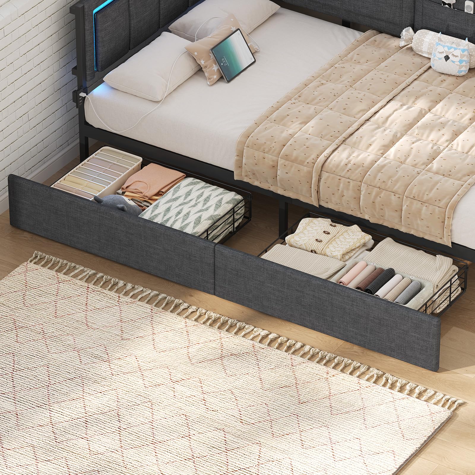 KIMENICH Polsterbett Schlafsofa 90x200 mit LED-Beleuchtung, 6 Stoffbeutel, Ladestation, Tagesbett, Jugendbett mit 2 Schubladen und Lattenrost aus Metall, Gepolstertes Kopfteil, Grau