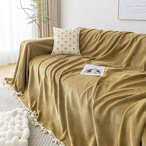 Miniatura 7 de HANDONTIME Funda de sofá bohemia color amarillo mostaza para perros, funda de sofá marrón para perros con borlas, protector de sofá de felpilla sin