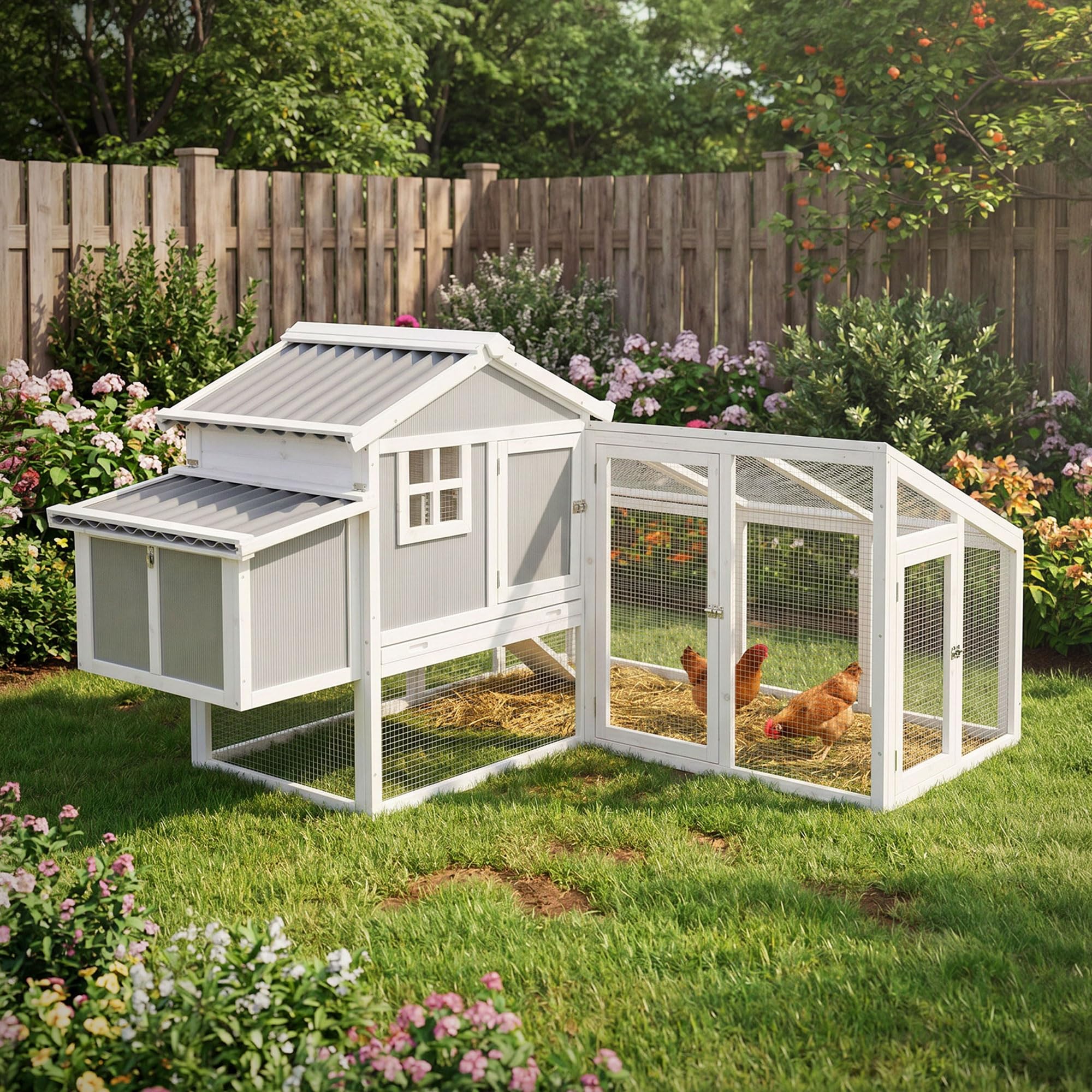 ECD Germany Gallinero Exterior de Madera Maciza con Corral para Gallinas, XXL 144x176x102,5cm Cubierta de Alambre Galvanizado, Bandeja de Heces Extraíble, Dos Cajas Nidos y Rampa, Parque para Animales