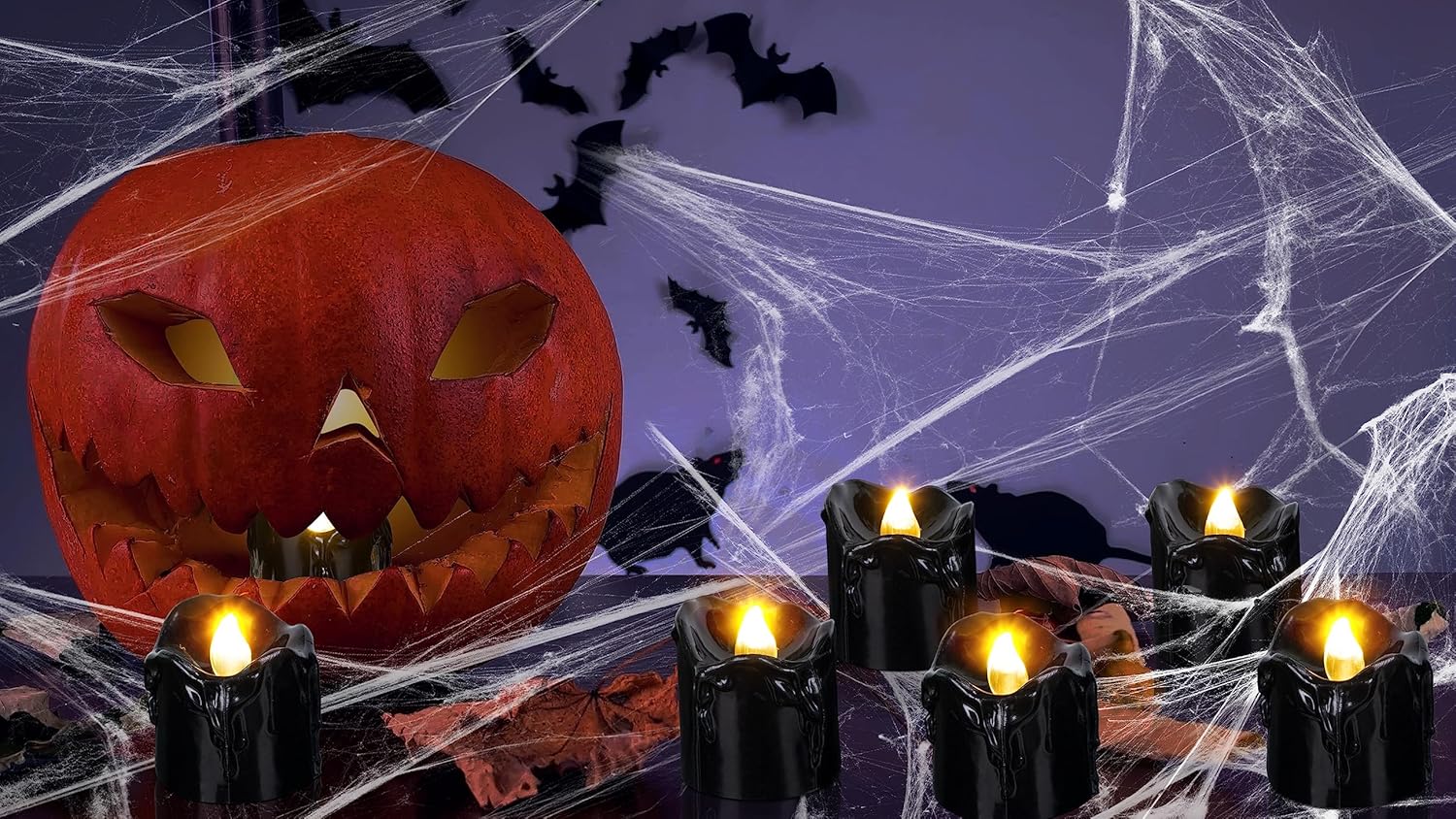 24Pcs Halloween Decorations Indoor Candles Black Tea Lights: Led Flameless Tealight Battery Operated Table Decor with Spider Webs (No Timer&Remote)