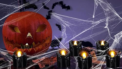 Miniatura 4 de 24 velas de decoración de Halloween para interiores, velas de té negra velas LED sin llama, funciona con pilas, decoración de mesa con telarañas