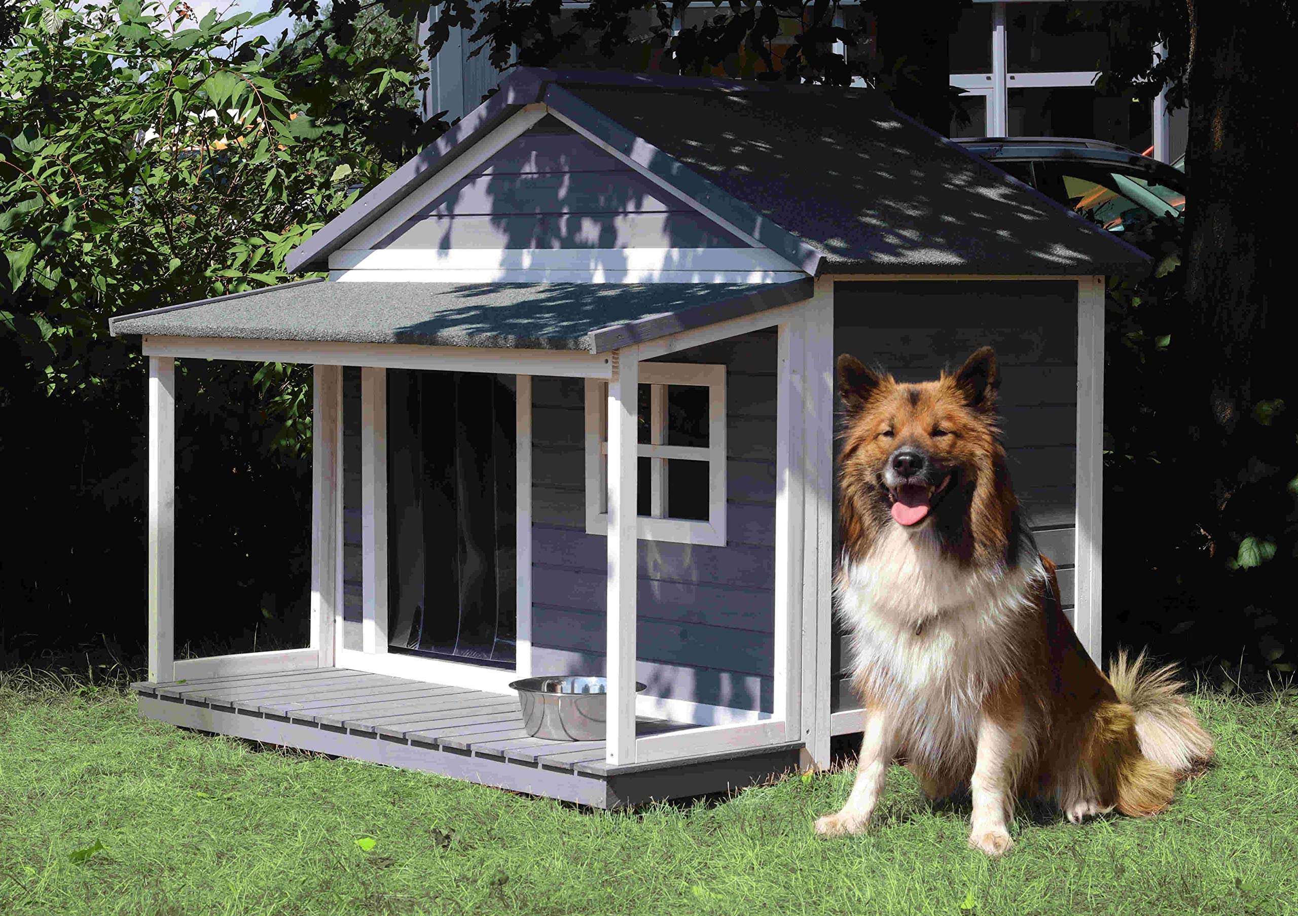 Outdoor Hundehütte Massivholz, isoliert, Satteldach, 130x118x108 | Mit praktischem Vordach, Terrasse und Fenster für mehr Komfort und Schutz.