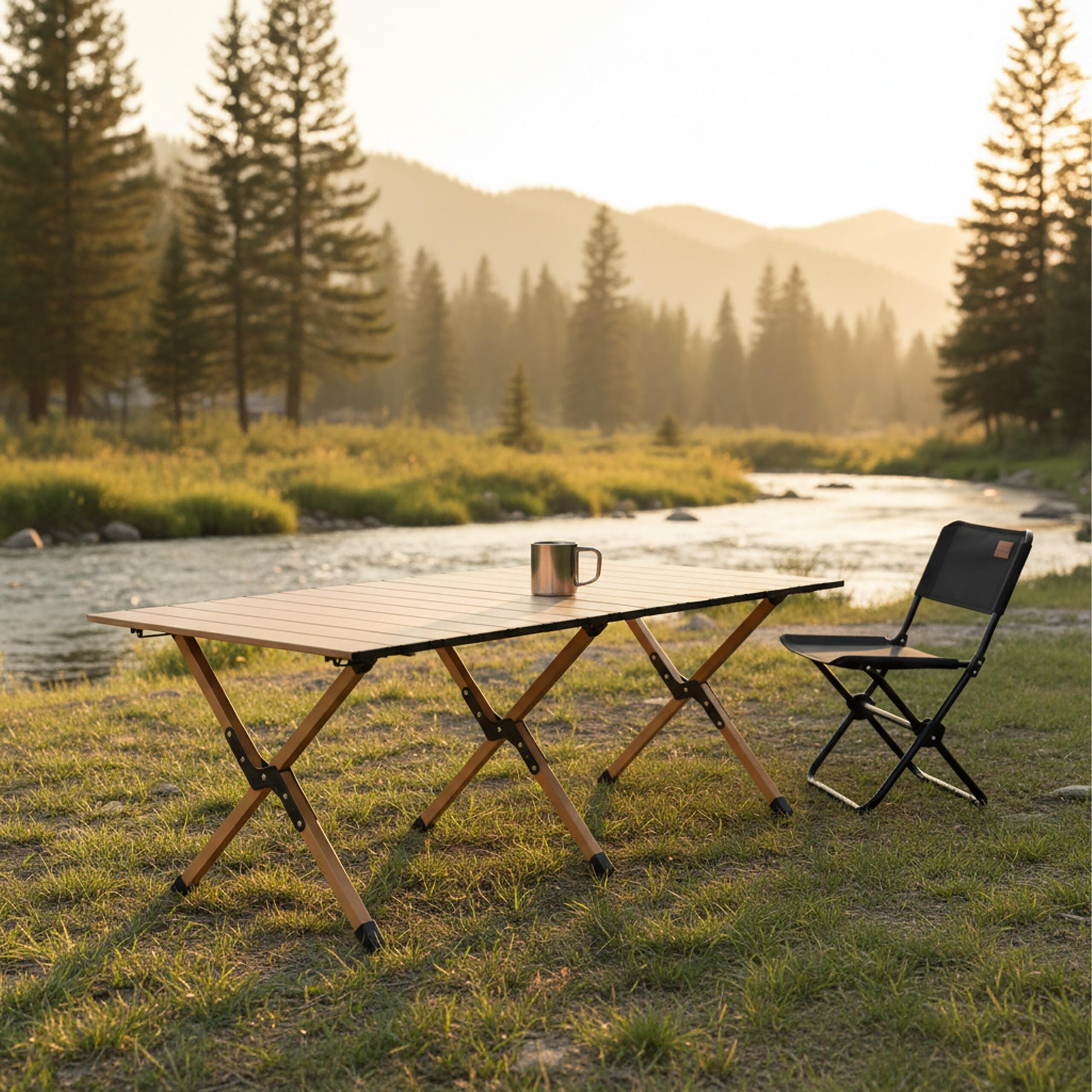 Relaxdays Mesa de Camping Plegable y Regulable en Altura, Efecto Madera, 44 x 120 x 60 cm, Bolsa, Natural