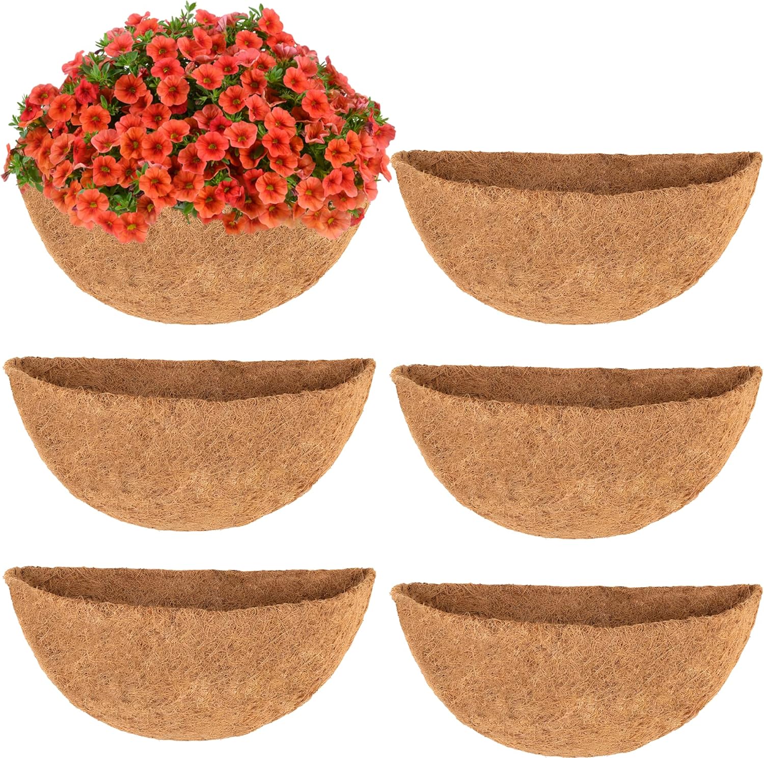 Y&M 14 Inch Pre-Formed Half Round Coco Fiber Hanging Basket Liner, Half Round Coco Replacement Liner - 6pcs