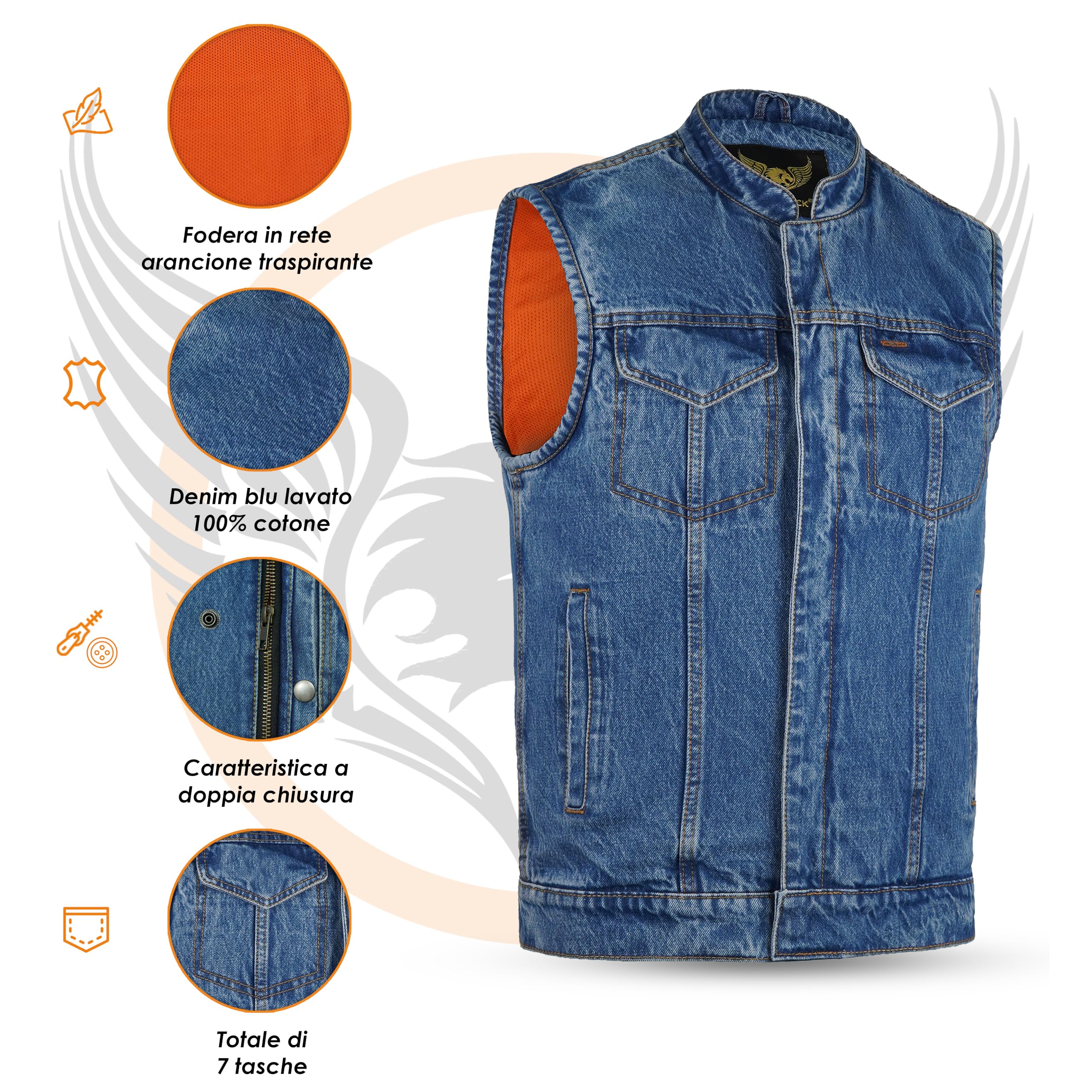 Leatherick Gilet da motociclista da uomo in denim pesante con interno traspirante, gilet da motociclista a doppia chiusura con tasche per il trasporto nascoste (IT, Testo, S, Regular, Regular, Blu)