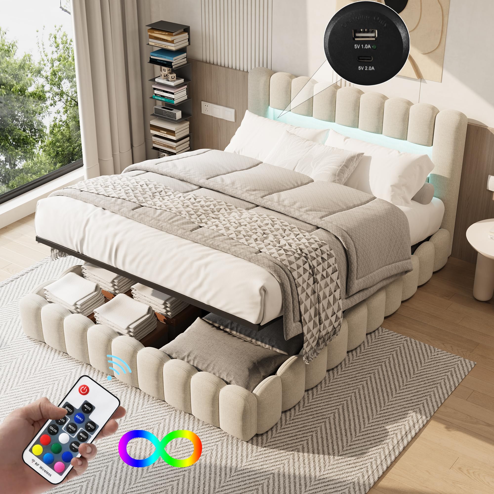 Letto imbottito 160 x 200 cm con contenitore, letto matrimoniale 160x200 baule con LED,Spazio utile,Letto Idraulico con Rete a Doghe e Telaio in Metallo, Senza Materasso (Beige, 160x200 cm)