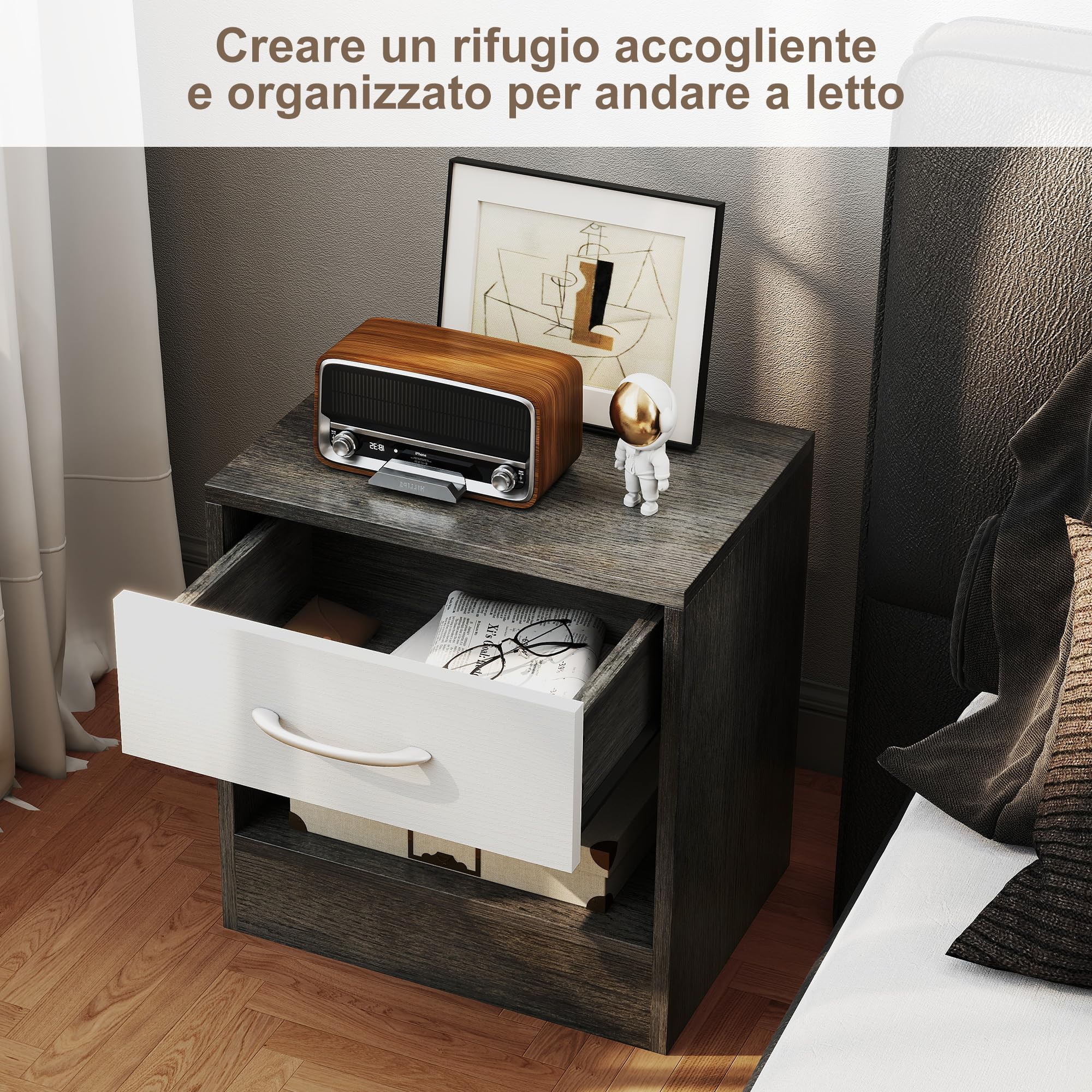 HOMCOM Set 2 Comodini per Camera da Letto con Ripiano Aperto e Cassetto, Comodini Moderni in Truciolato, 39x28x41 cm, Bianco e Grigio Scuro