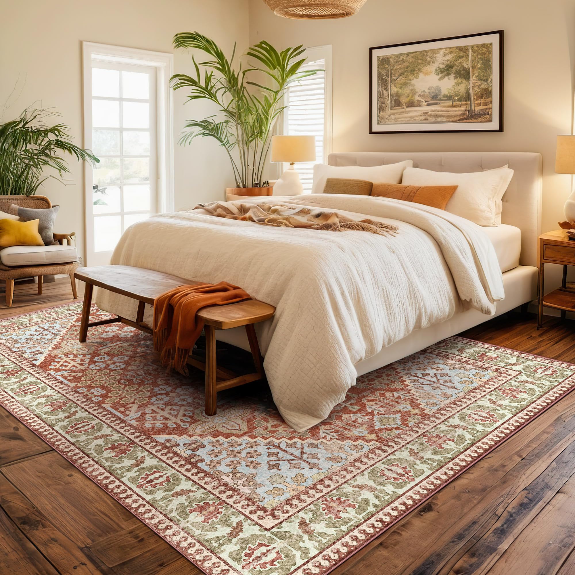 Kokia 5x7 Area Rugs for Living Room, Machine Washable Low Pile Rug, Non Slip Backing Boho Rugs for Bedroom, Printed Soft Vintage Carpet Orange 5 x 7