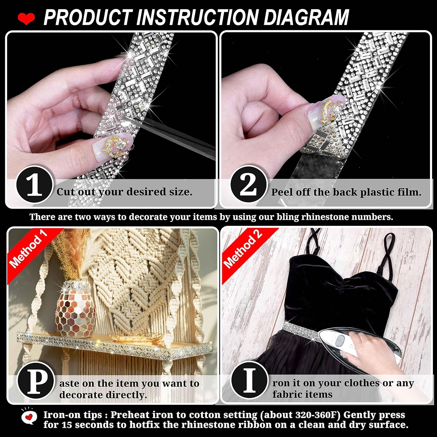 Locacrystal Rhinestone Strips, Self Adhesive & Iron On Bling Crystal Rhinestone Ribbon, Cut to Size Diamond Trim for DIY Craft Clothes Shoes Bags Phone case Furniture Car Decor(2cm×6m,Sliver/Clear)