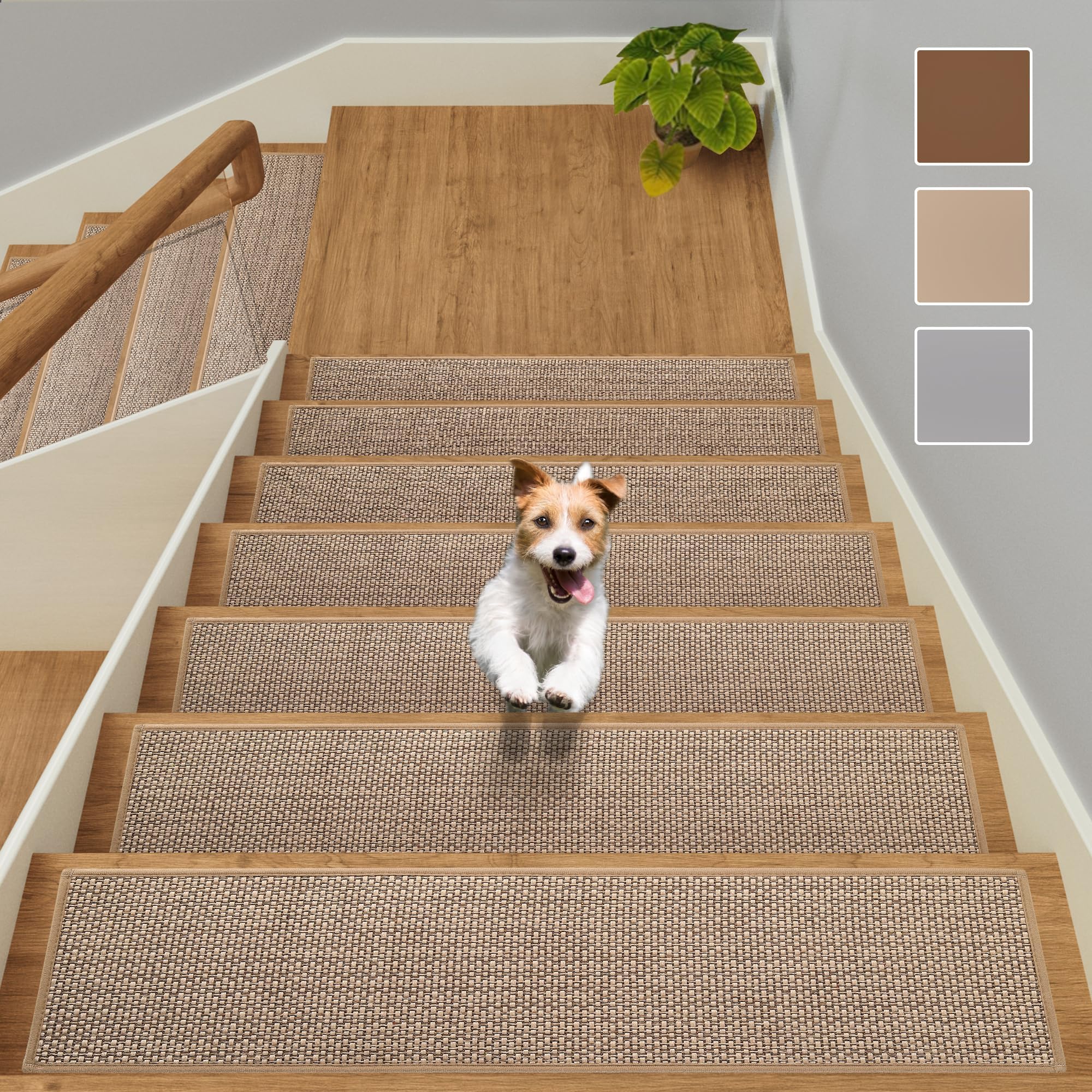 Essential Carpet Stair Treads Style Herringbone Color Beige Gray