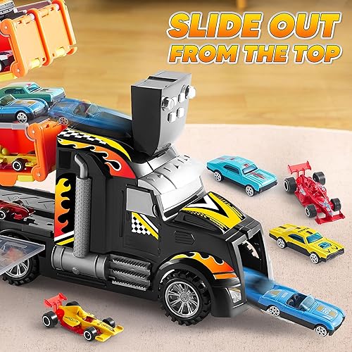 Miniatura 5 de Joyin Camión portador de juguetes con 32 piezas de coches fundidos a presión, autos de juguete de metal, juguetes a granel, juego de vehículos para