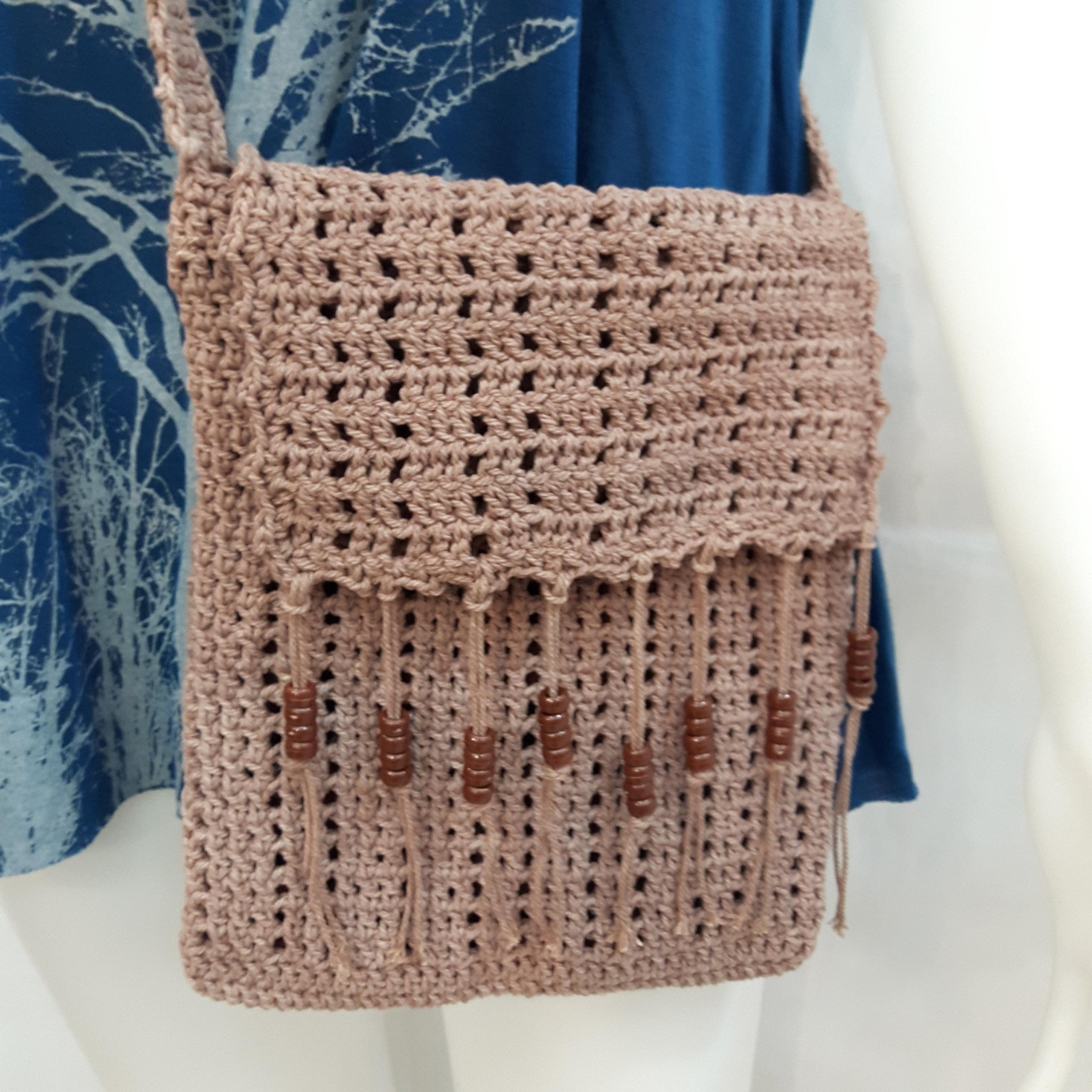 Brown Bag Crochet Knit Fabric Cross body Shoulder Handmade Bohemain Handbag