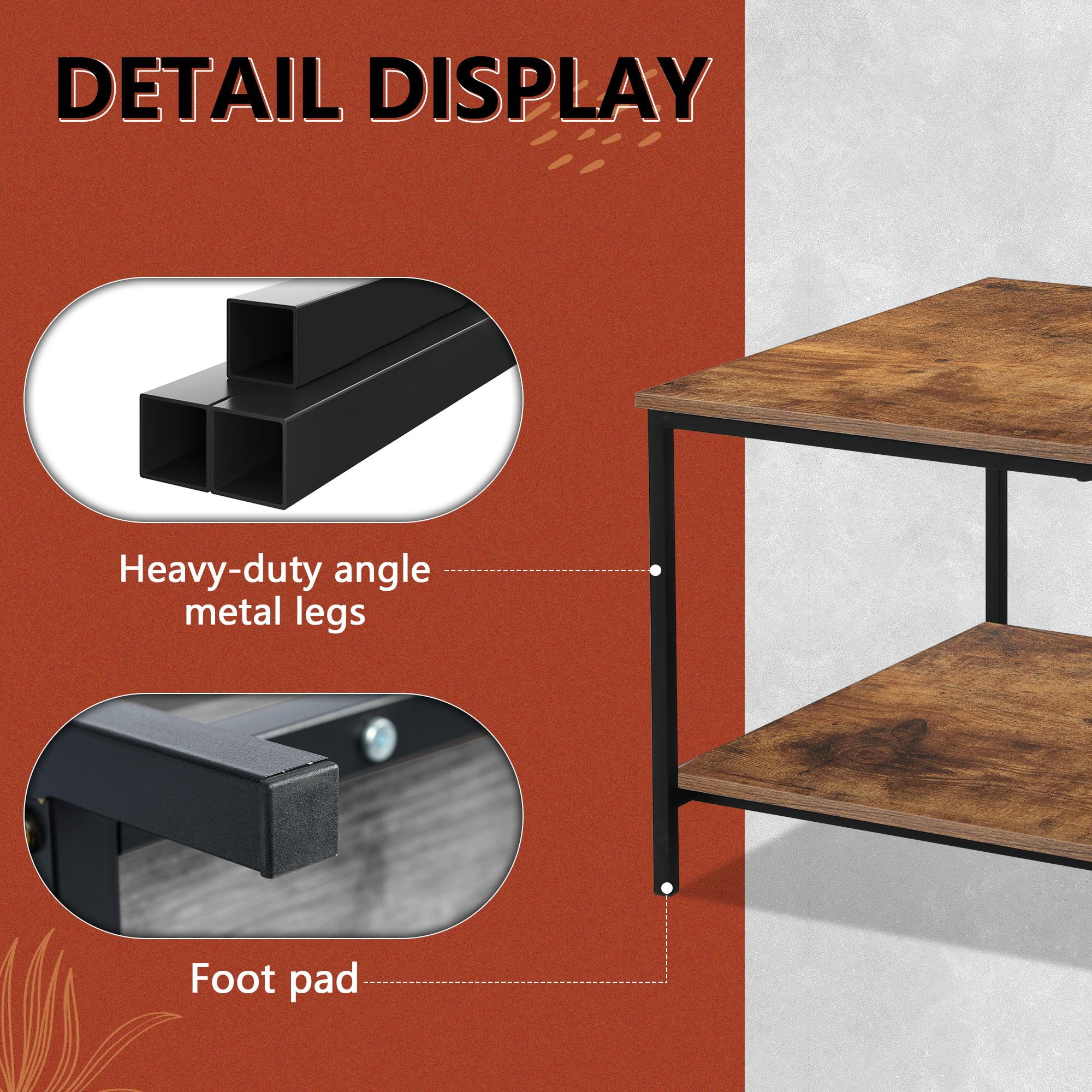 Pequeña mesa de centro rectangular marrón de madera y metal con estante de almacenamiento para salas de estar pequeñas 3