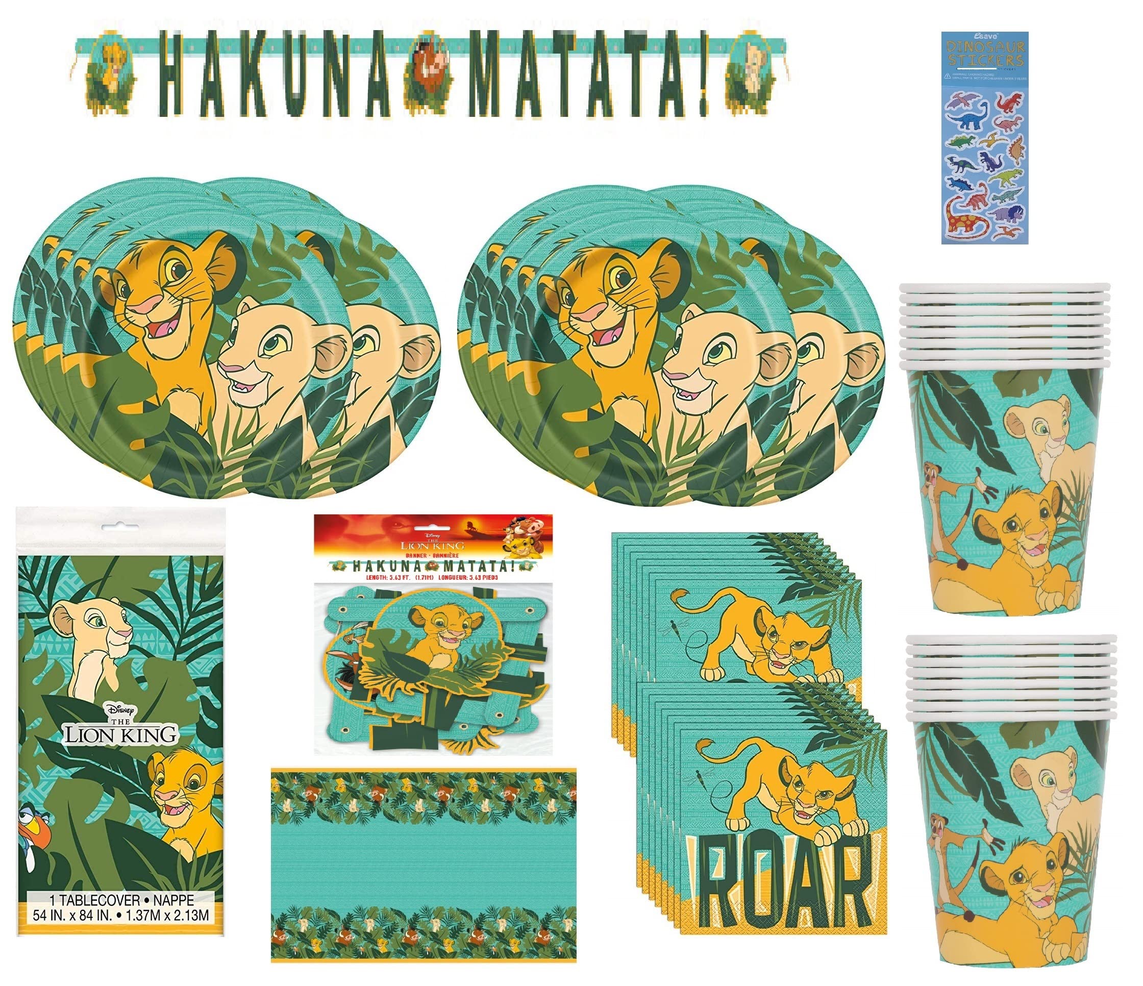 Lion King Birthday Party Baby Shower Supplies Bundle Pack includes 16 Lunch Dinner Plates, 16 Napkins, 16 Cups, 1 Table Cover, 1 Banner