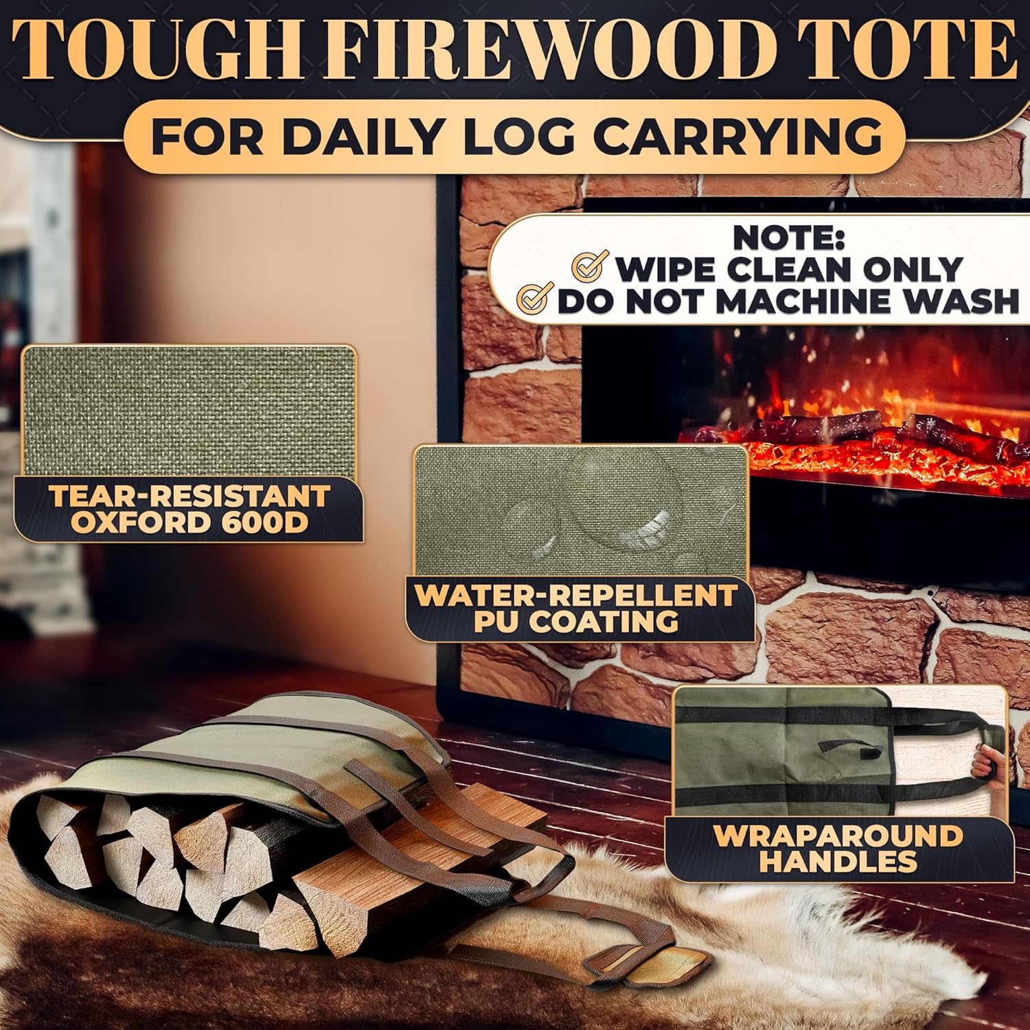 Water-Resistant Firewood Carrier Bag – 39.4"x18.5" Waxed Canvas Log Carrier for Firewood, Open-Ended Design, Large Capacity Wood Tote with Padded Handles, Buckle Strap & Folds Flat for Easy Storage - Image 3