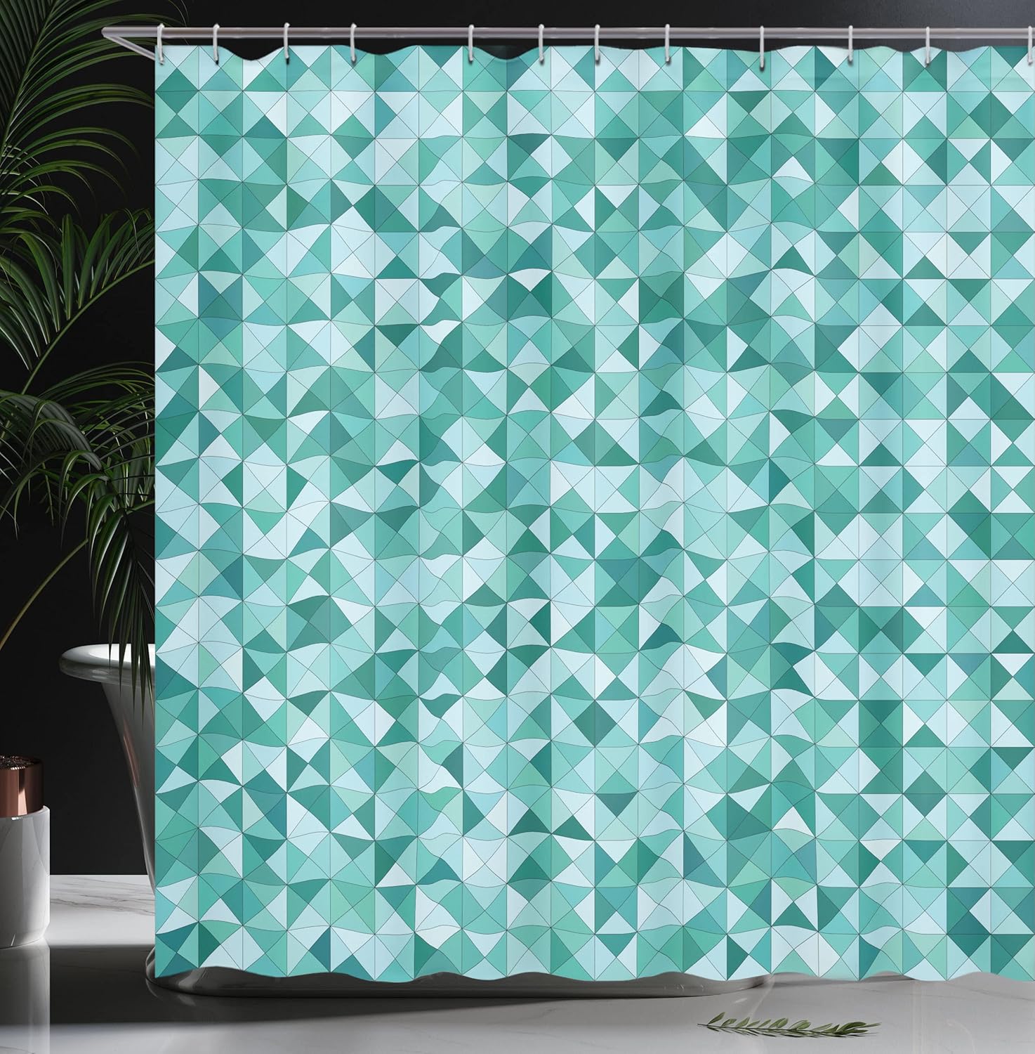 Ambesonne Teal Shower Curtain, Triangle Mosaic with Polygon Shapes with Shadows Effect Illustration Print, Cloth Fabric Bathroom Decor Set with Hooks, 69" W x 75" L, Teal Green