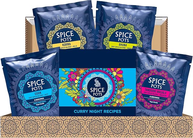 Spice Pots Curry Spice Selection | Curry Letterbox Gift Spices Korma | Bhuna | Indian Tandoori | Goan Curry Powders | 8 Easy Curry Recipes | Set of 4 x 40g