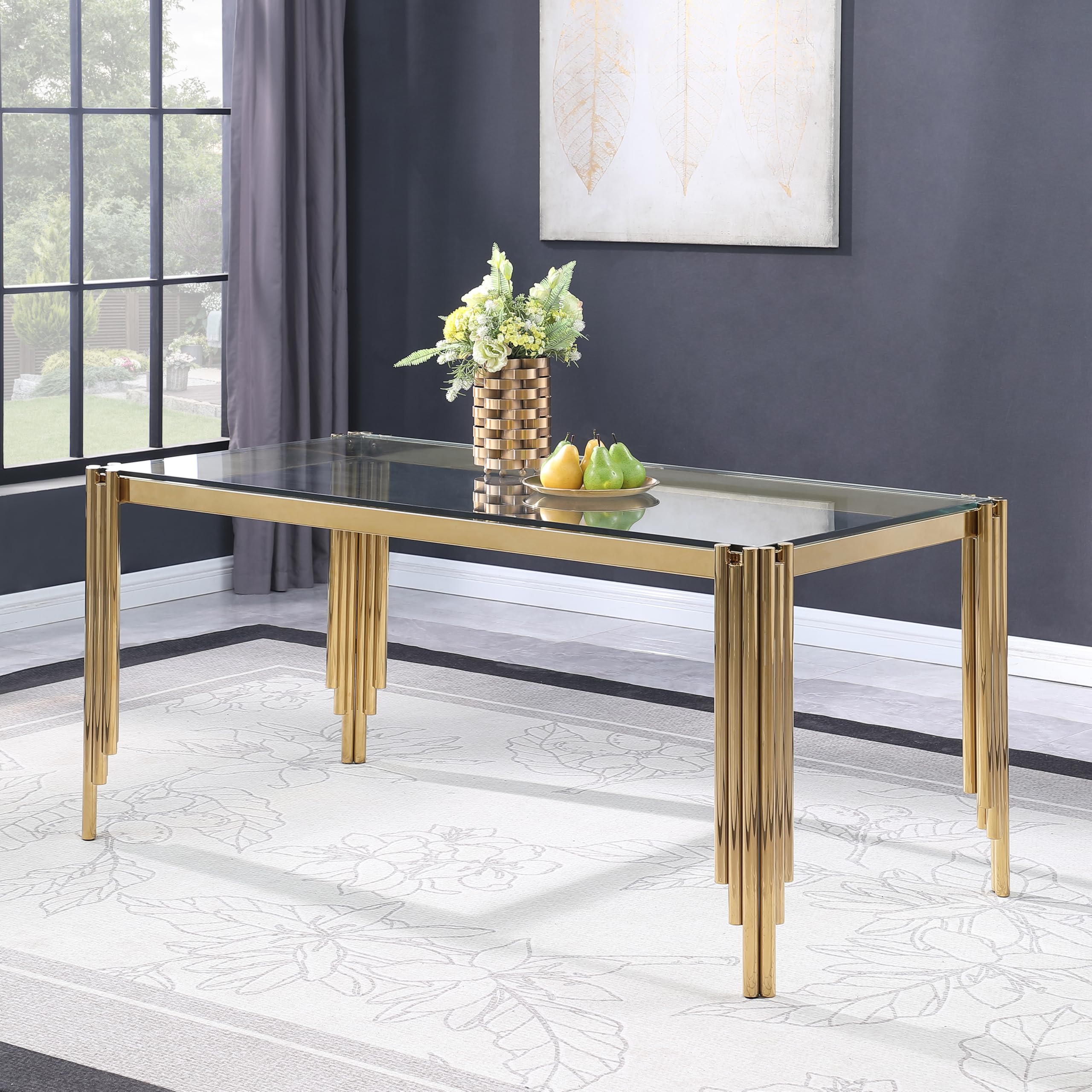 65" Rectangle Glass Dining Table, Tempered Glass Tabletop and Stylish Polished Gold Legs, Modern Style Table for Home, Kitchen. Dining Room(Golden)