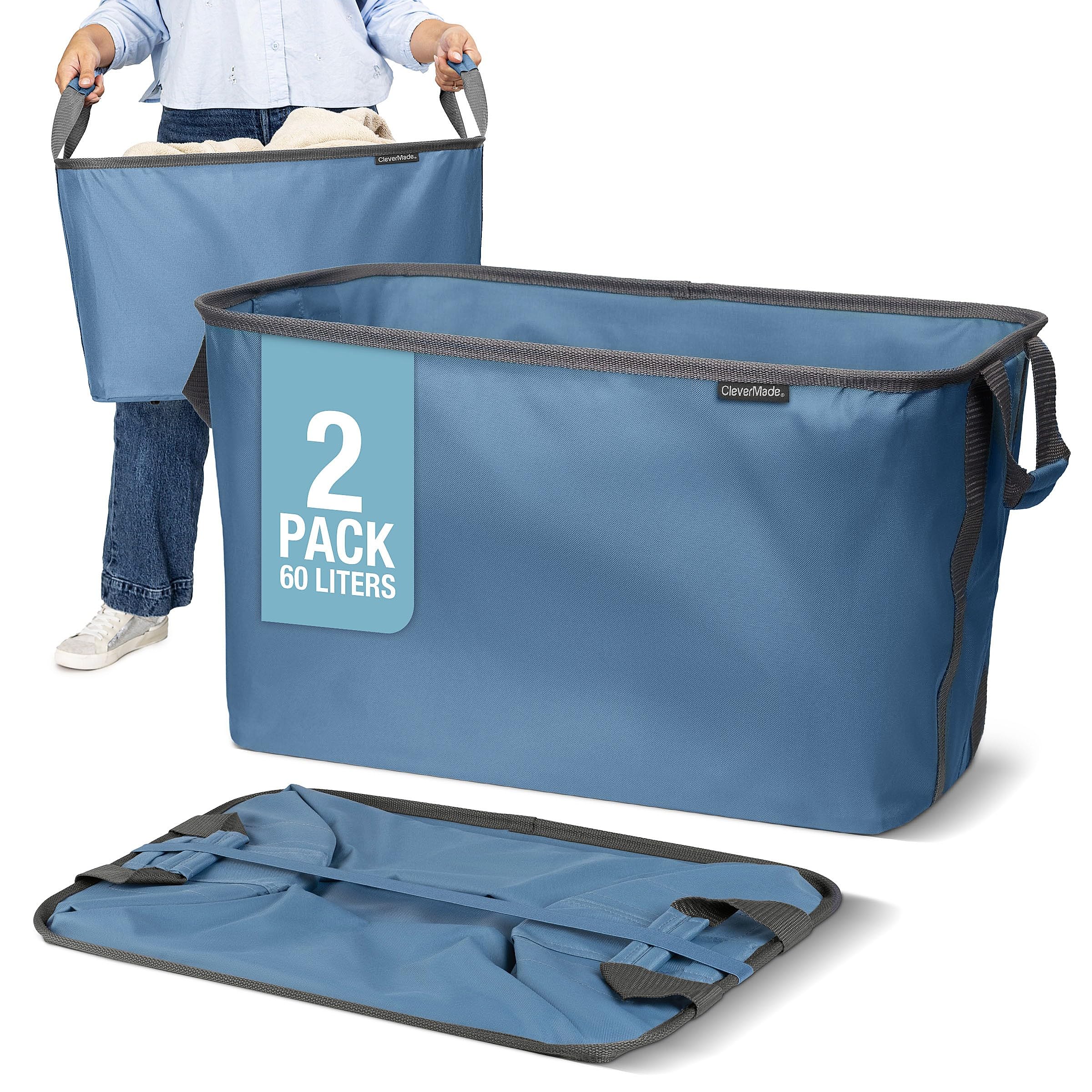 CleverMade składany kosz na pranie LUXE — zestaw 2 szt., kolor Denim Shadow Gray, 60 l, oszczędzający miejsce organizer do domu z uchwytami, składany, do przechowywania i organizacji