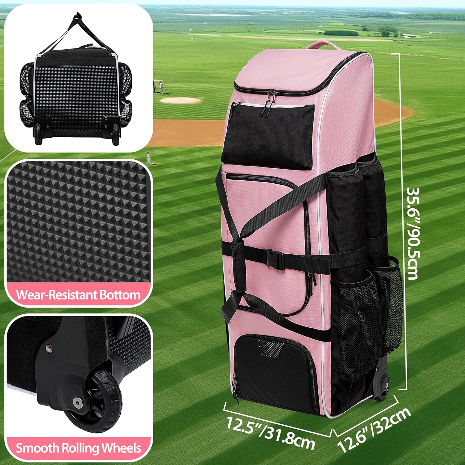 Rolling Baseball Bag with Wheels for 4 Bats, Softball Equipment Bags with Shoe Compartment and Glove Pocket, Large Baseball Catchers Gear Bag with Hook, Pink - Image 6