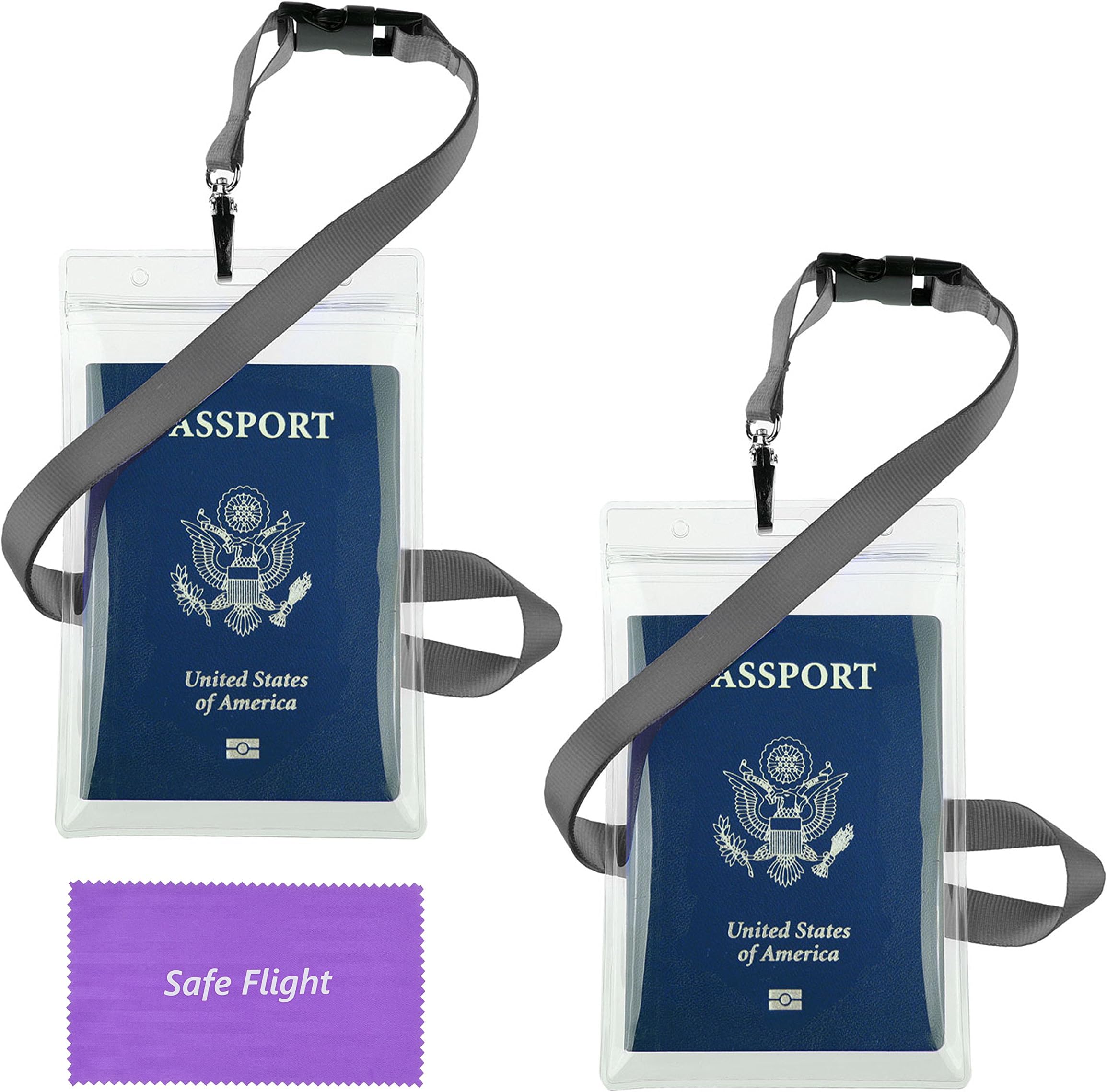 Transparent Passport ID Badge Holder Extra Large 6x4" with 17" Neck Lanyard - 2 Pack Bundle-with Safe Flight Retail Packaging and Cleaning Cloth