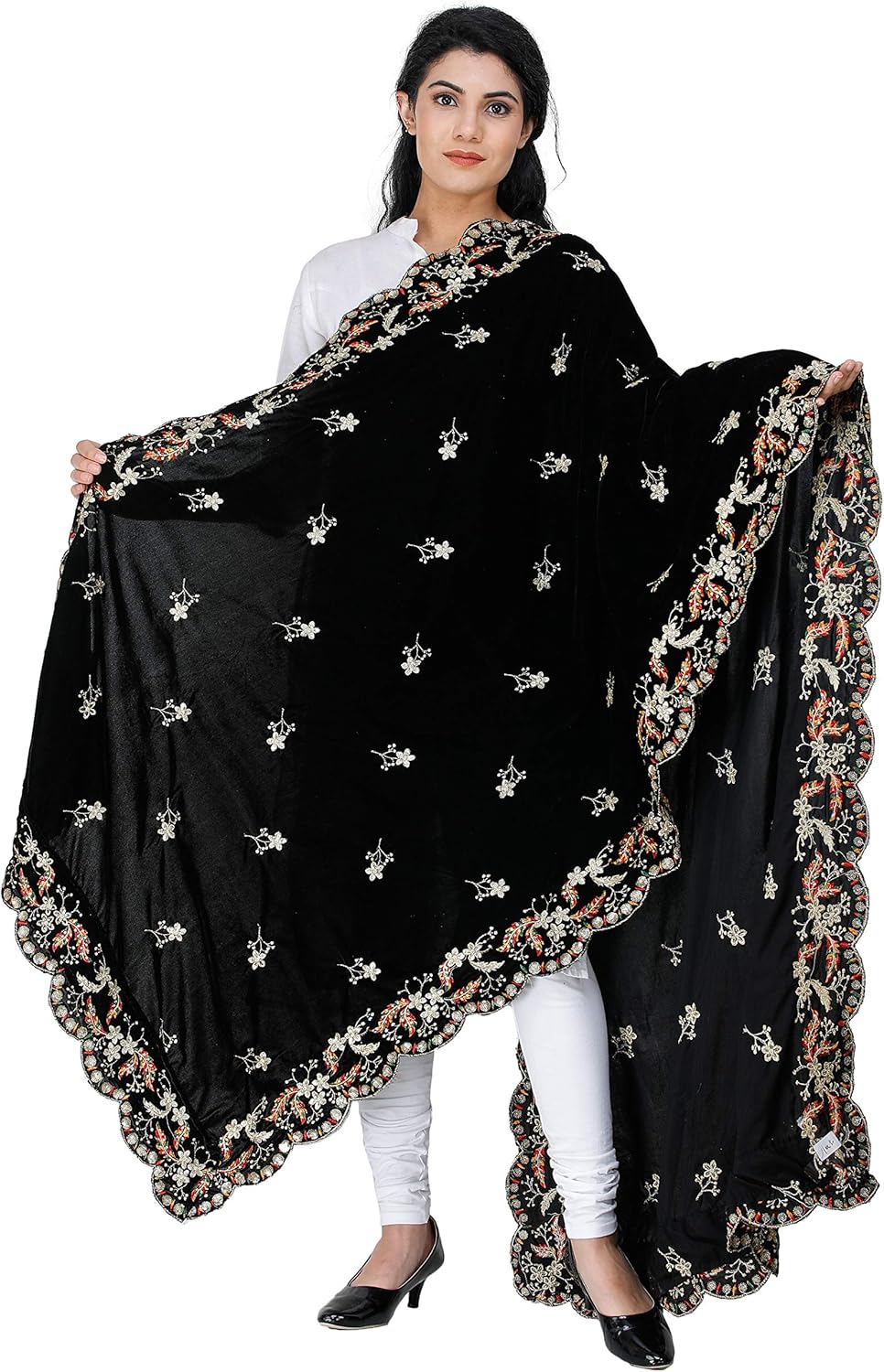 Exotic India Velvet Dupatta from Amritsar with Embroidered Flowers and Sequins - Velvet - Image 2