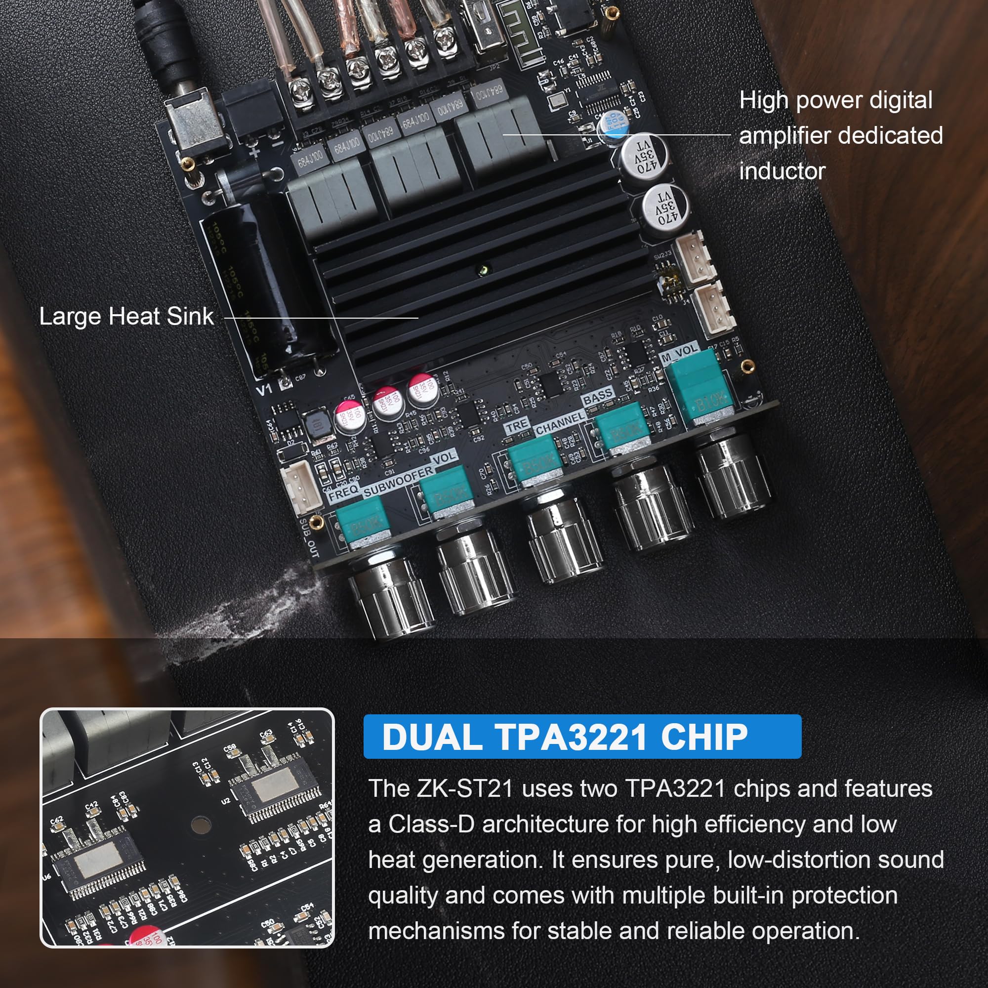 ZK-ST21 2.1-kanałowa karta wzmacniacza Bluetooth 100 W x 2 + 200 W z subwooferem, chip TPA3221