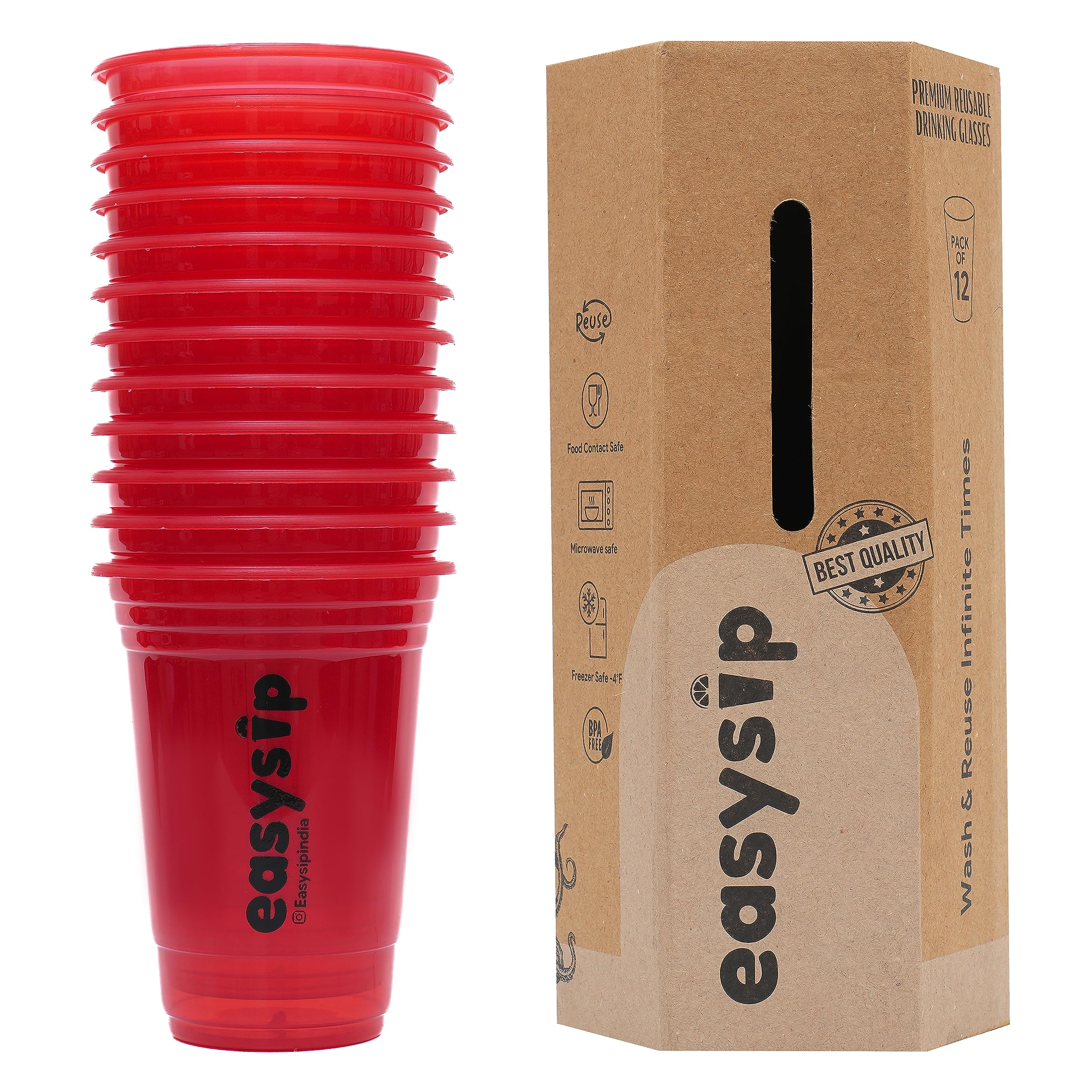 Easy Sip Reusable Party Glasses | Drinking Glass | BPA-Free | Leak Proof House Party Dispenser | Colourful Juice Tumbler Assorted Cups | Pack of 12 (400 ML - Red) (B0C9M32GRB) Amazon Price History, Amazon Price Tracker