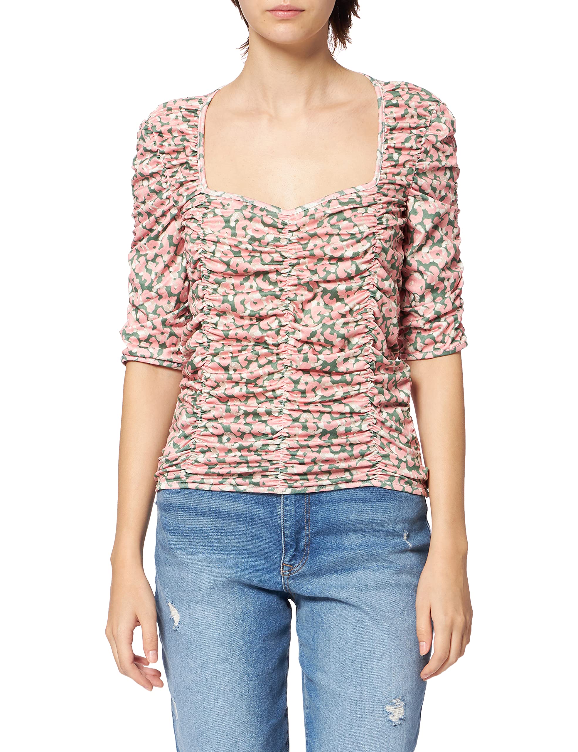 NA-KD Women's Gathered Jersey Top Shirt, Pink Flower, X-Large