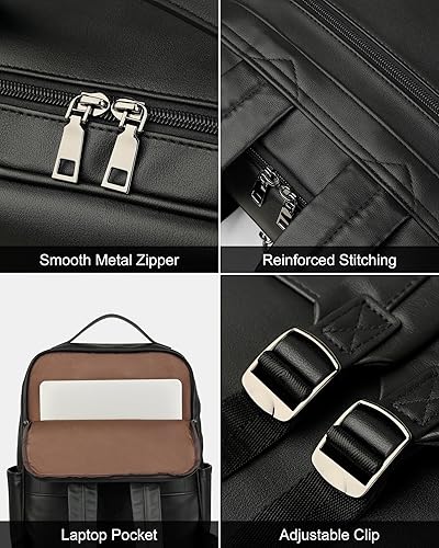 Miniatura 6 de MASINTOR Mochila para portátil de piel sintética de 15.6 pulgadas para mujer, mochila casual universitaria grande, bolsa de viaje, color negro