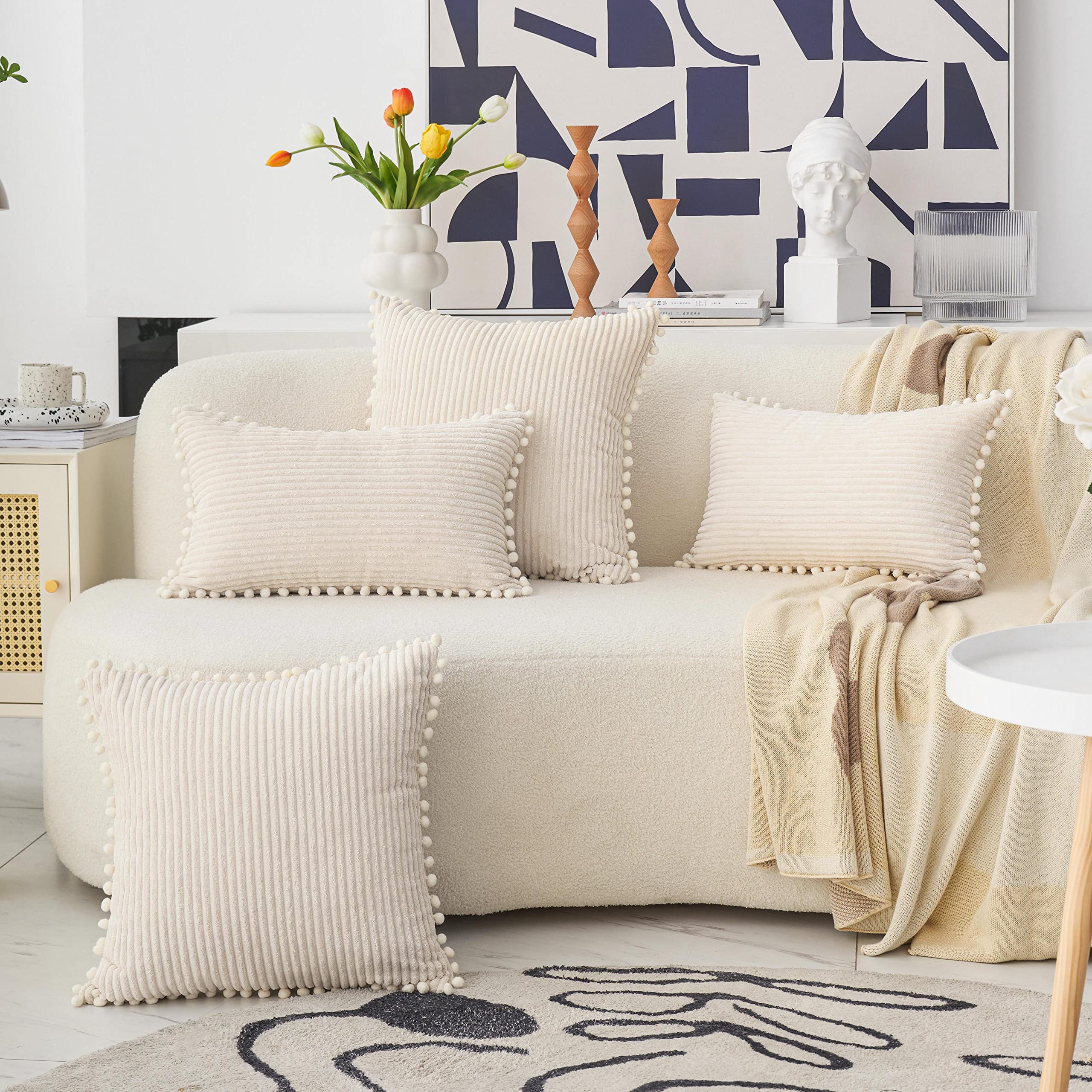 Home Brilliant Cream Cushion Cover with Pom-poms Soft Cute Corduroy Decorative Cushion Covers Sofa Bed, 45 x 45cm, 18inch - Image 2