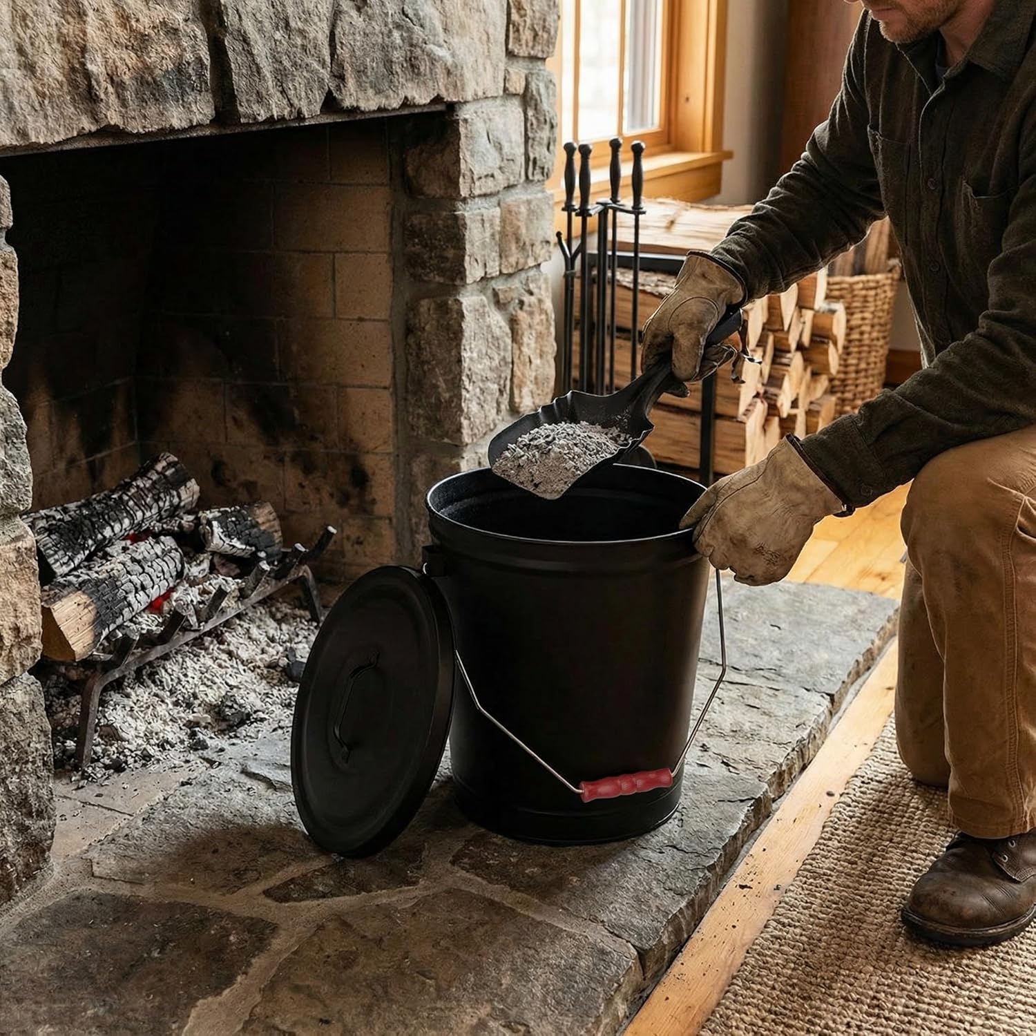 Ash Bucket - 4.75-Gallon Metal Bucket with Lid and Shovel for Fireplace or Firepit Ashes - Heat Resistant Fireplace Tools by Pure Garden (Black)