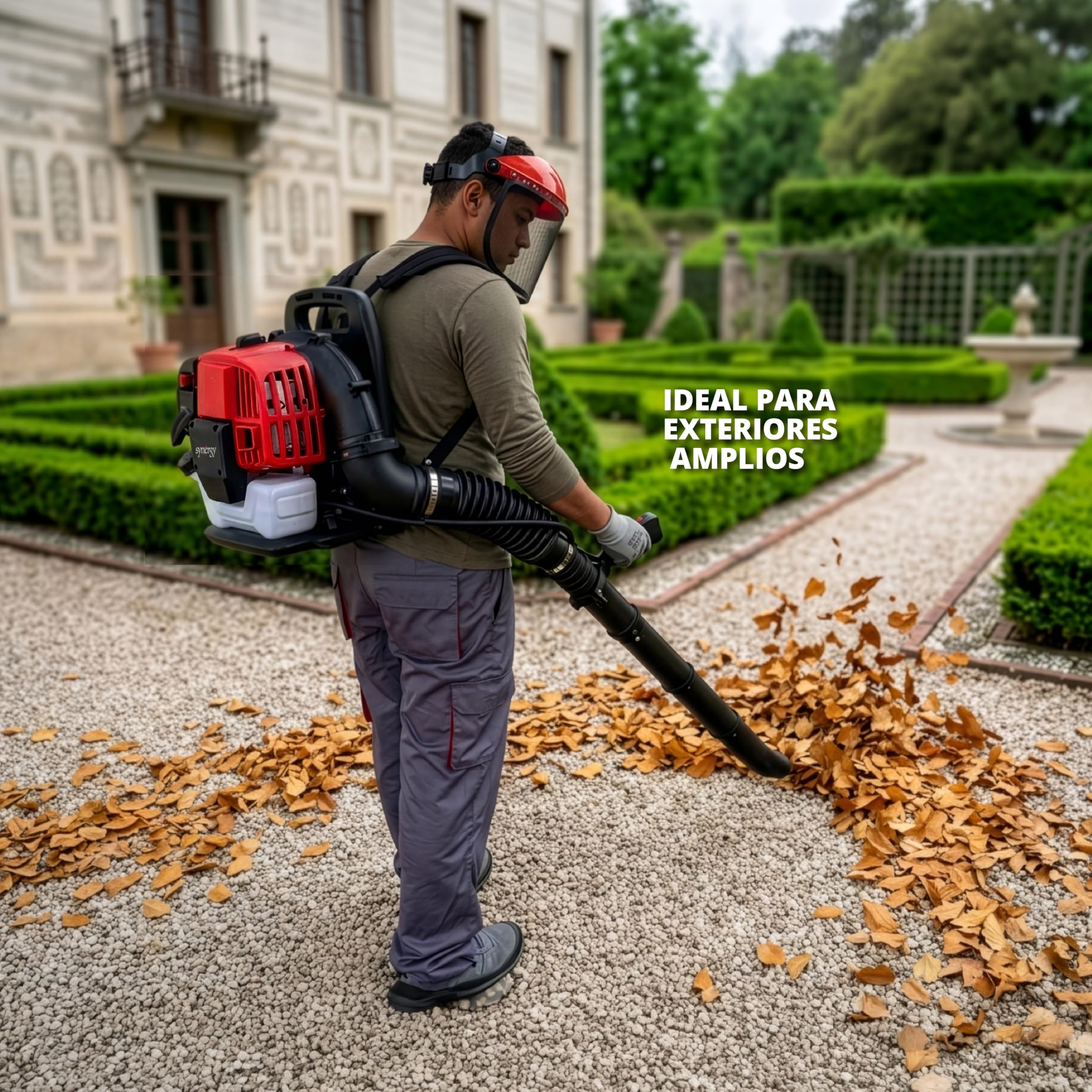 Soplador de Hojas Gasolina 43cc de Mochila – soplador de Aire Potente con Motor 2 Tiempos 1,6cv y Arranque fácil – Ideal para Jardines, ergonómico y Limpieza de caudal.