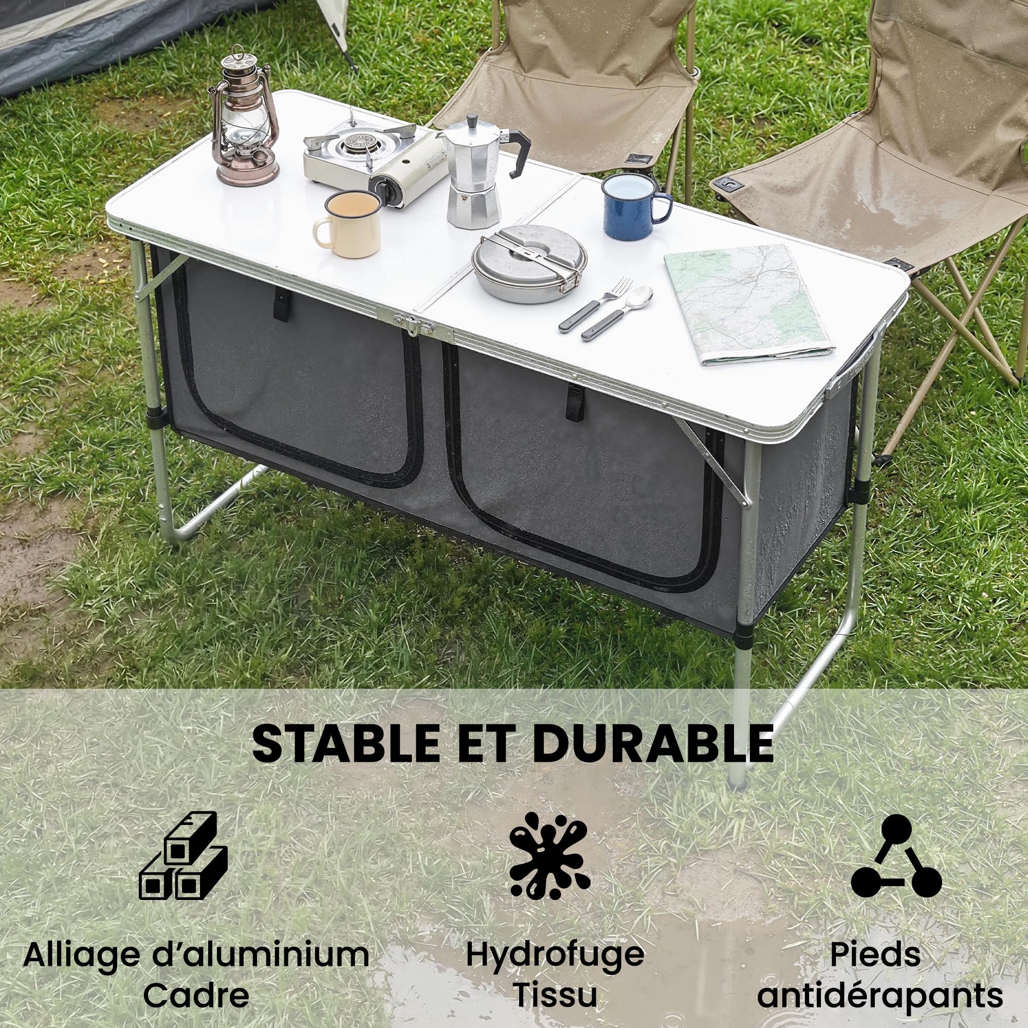 Outsunny Armoire de Camping Pliante en Aluminium, Cuisine de Camping Portable avec Rangement pour Pique-Nique, Barbecue, Extérieur, 120x47x70cm, Argent