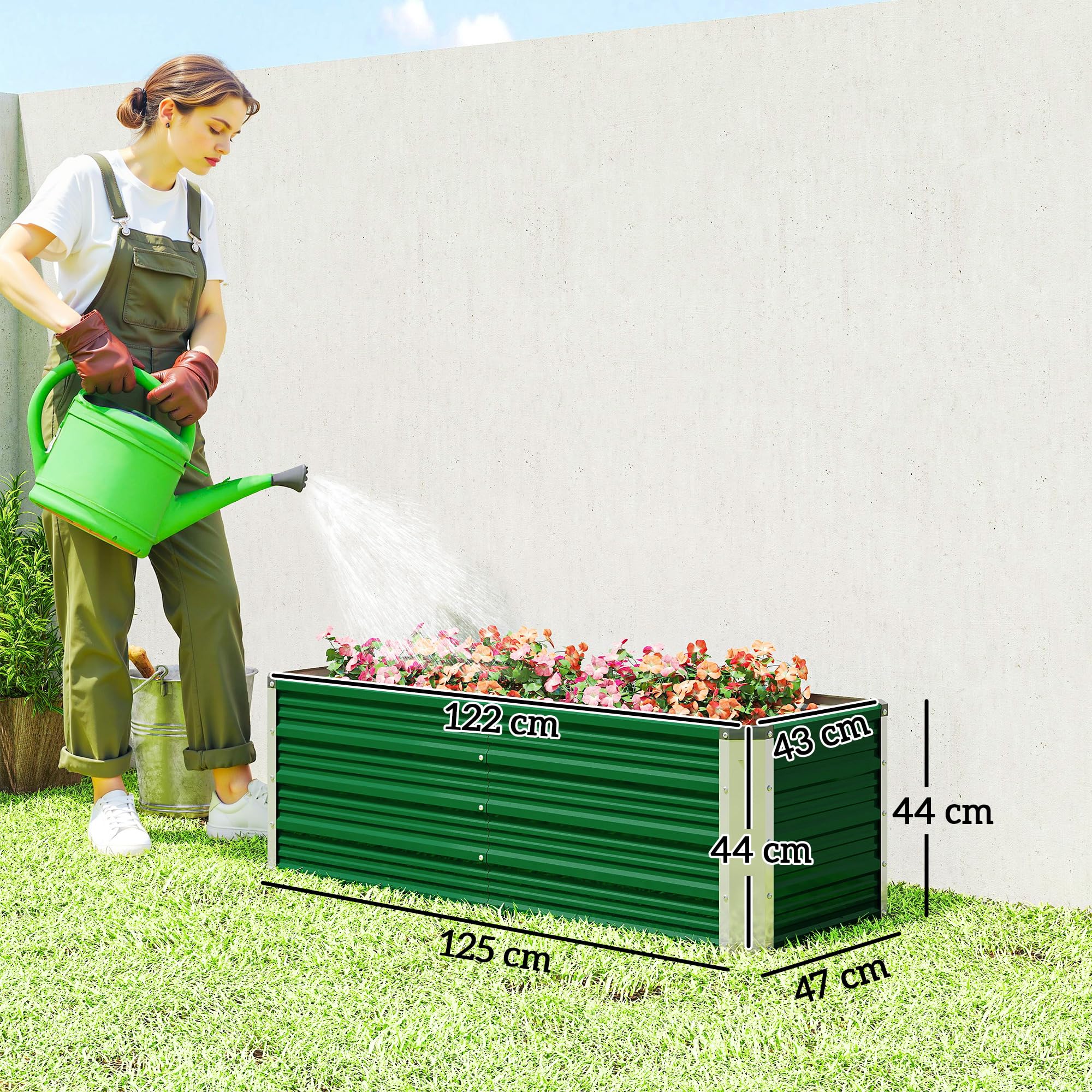 Outsunny Letto per Orto Rialzato da Esterno 210L, Fioriera da Balcone in Acciaio Galvanizzato con Fondo Aperto, per Piante, Fiori e Verdure, 125x47x44 cm, Verde