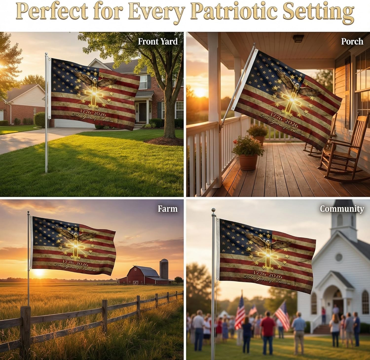 250 Anniversary USA Flag 3x5 Ft, 1776-2026 America 250th Flag with Cross, 250 Year American Anniversary Flag for Outdoor, Double-Sided 3-Ply Heavy-Duty Fade Resistant UV Protection
