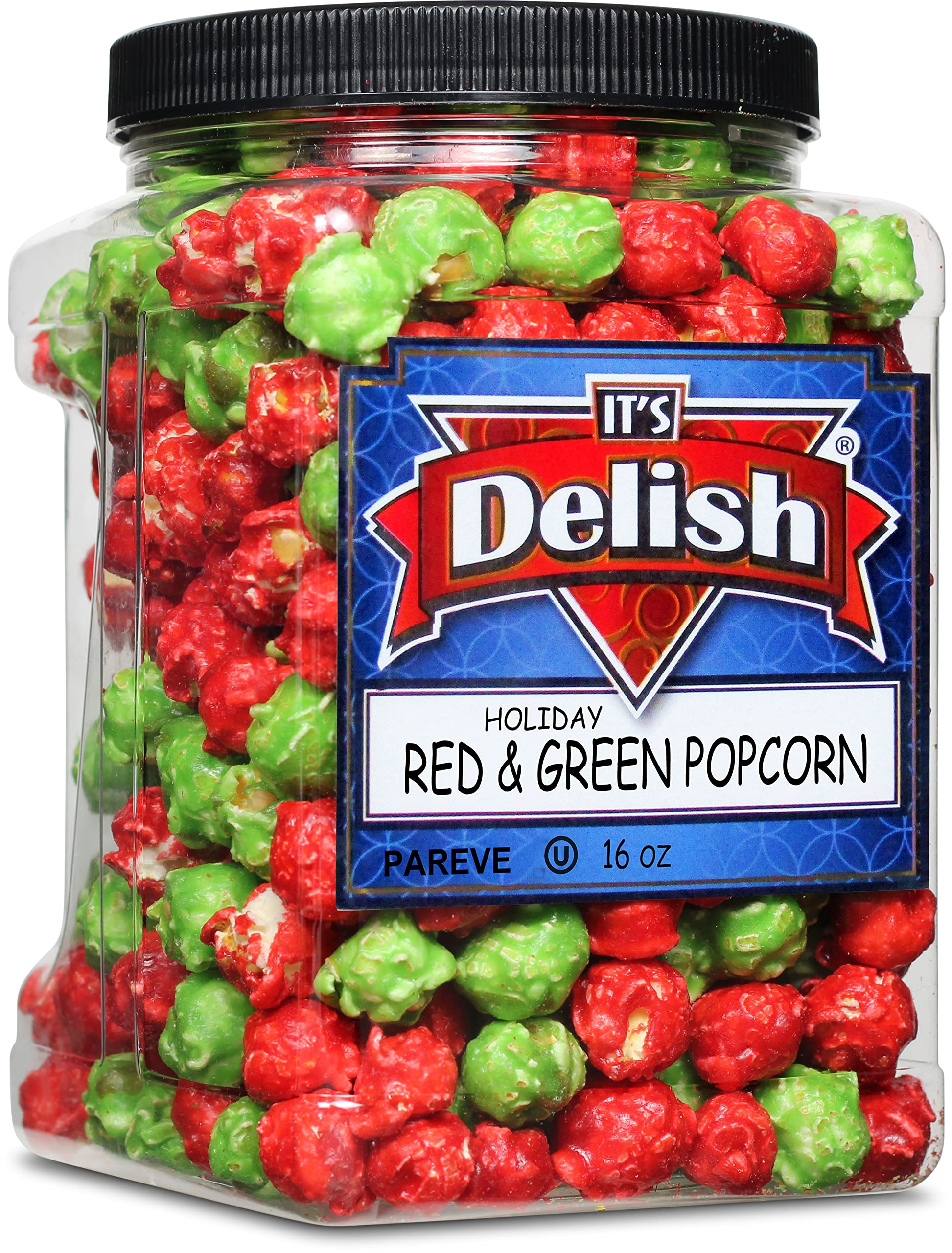 Holiday Red & Green Popcorn by It's Delish, 16 Oz Jumbo Container | Bulk Gourmet Air Popped Pop Corn Snack - Fruity Christmas Themed Candy Confetti – Gluten Free, Vegan, Kosher, 1 Count