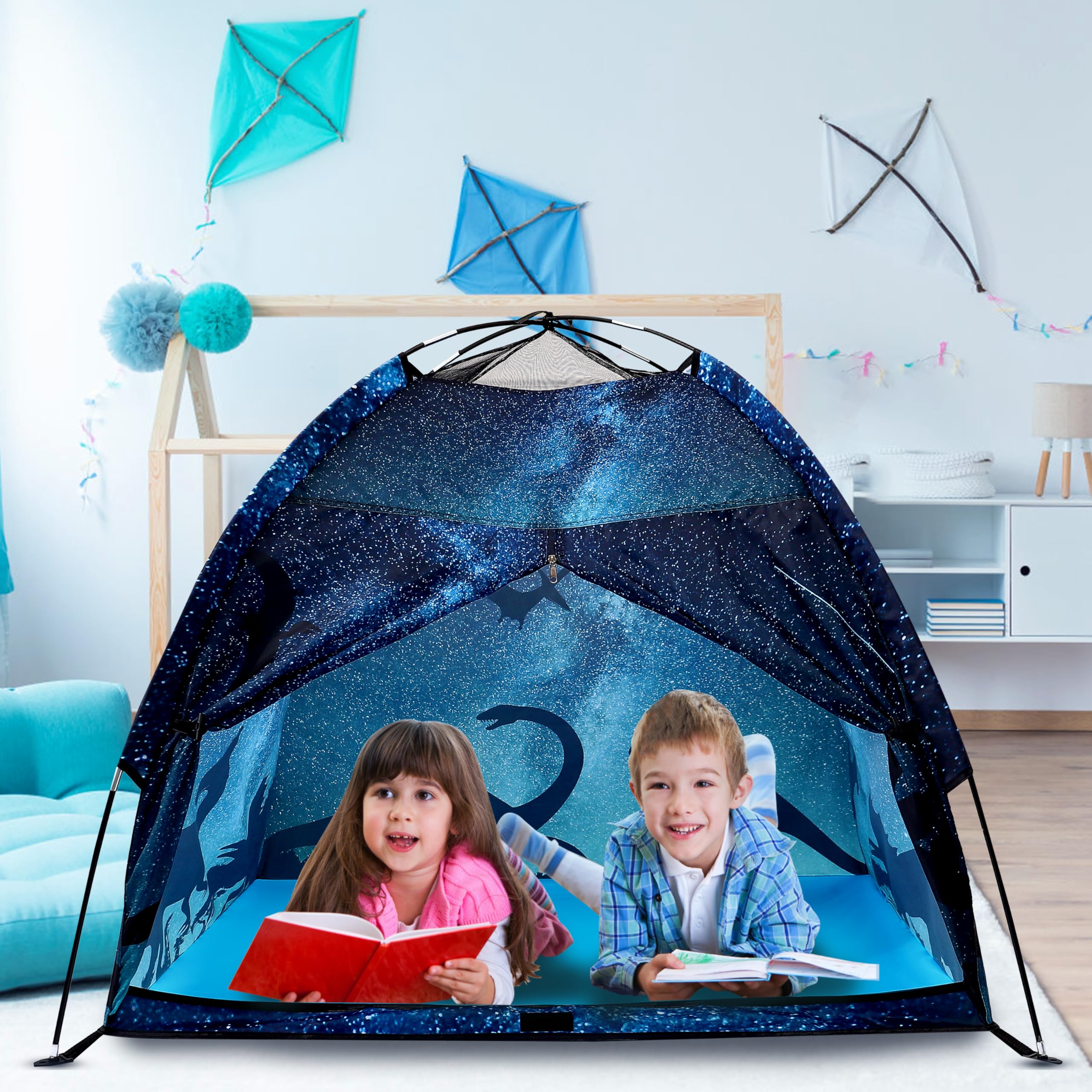 Kids Play Tent Lucky Castle Playhouse for Boys and Girls Easy Fun Dome Tent Camping Playground Pop Up Tent for Kids Indoor and Outdoor Imaginative Play Perfect Kid's Gift (Black Dinosaur)
