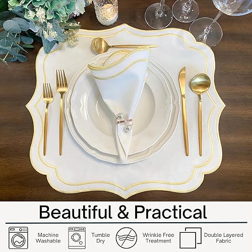 Miniatura 3 de Juego de 4 manteles individuales de algodón y lino, de doble capa, lavables a máquina, resistentes a las arrugas, festoneados y bordados, manteles